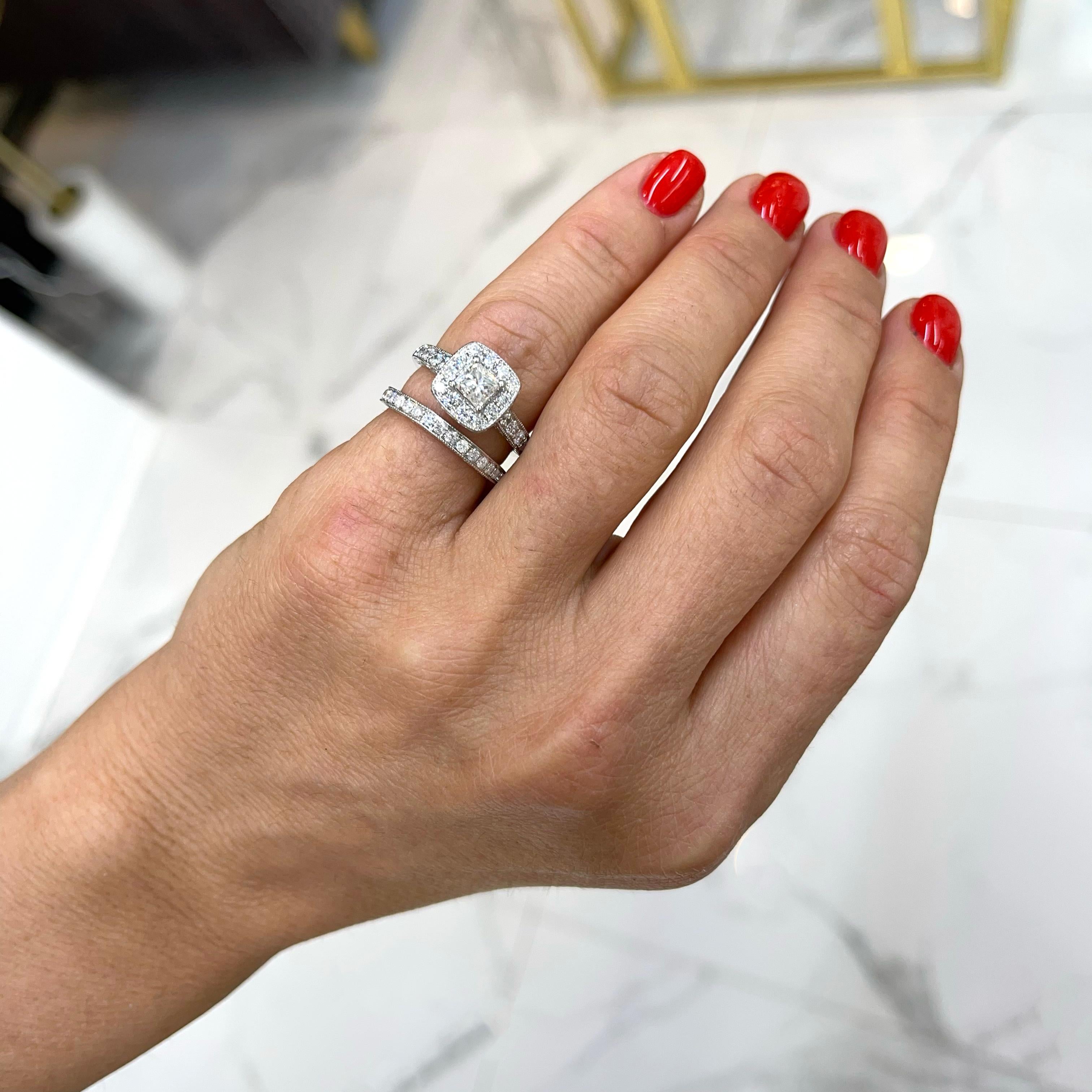 Ladies 14K White Gold Halo Diamond Engagement Ring Wedding Band Bridal Set For Sale 7