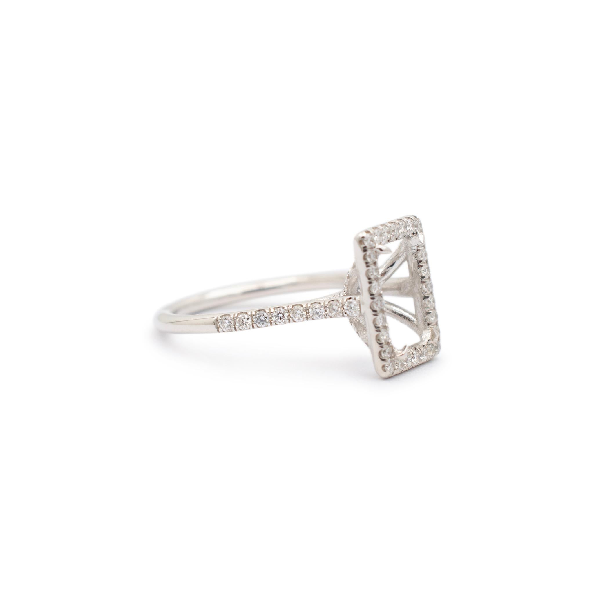 Round Cut Ladies 14K White Gold Halo Diamond Rectangular Semi Mount Engagement Ring For Sale