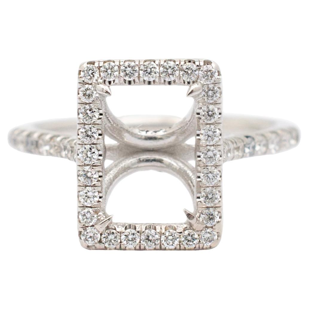 Ladies 14K White Gold Halo Diamond Rectangular Semi Mount Engagement Ring For Sale