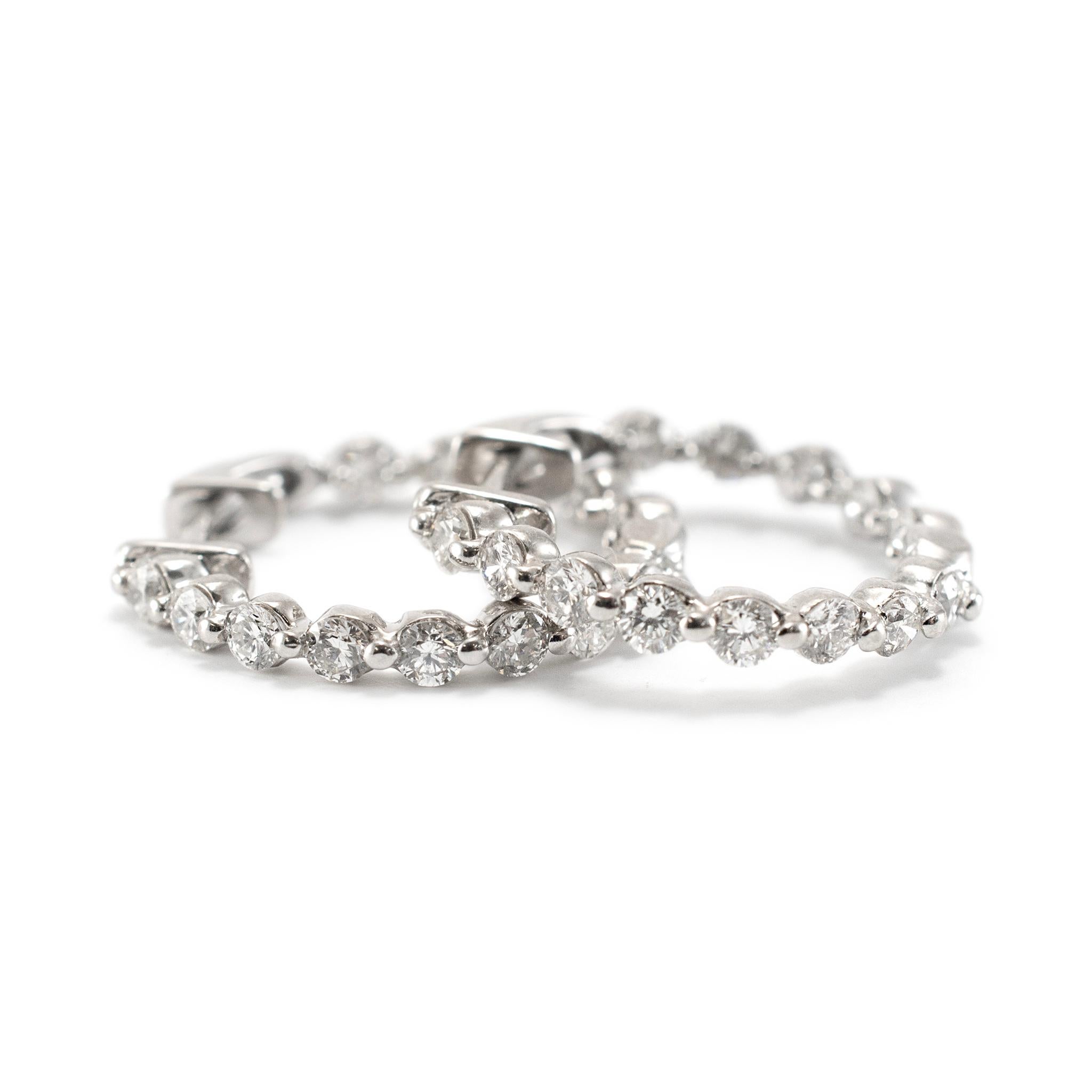 Round Cut Ladies 14K White Gold Inside Out Diamond Hoop Earrings For Sale