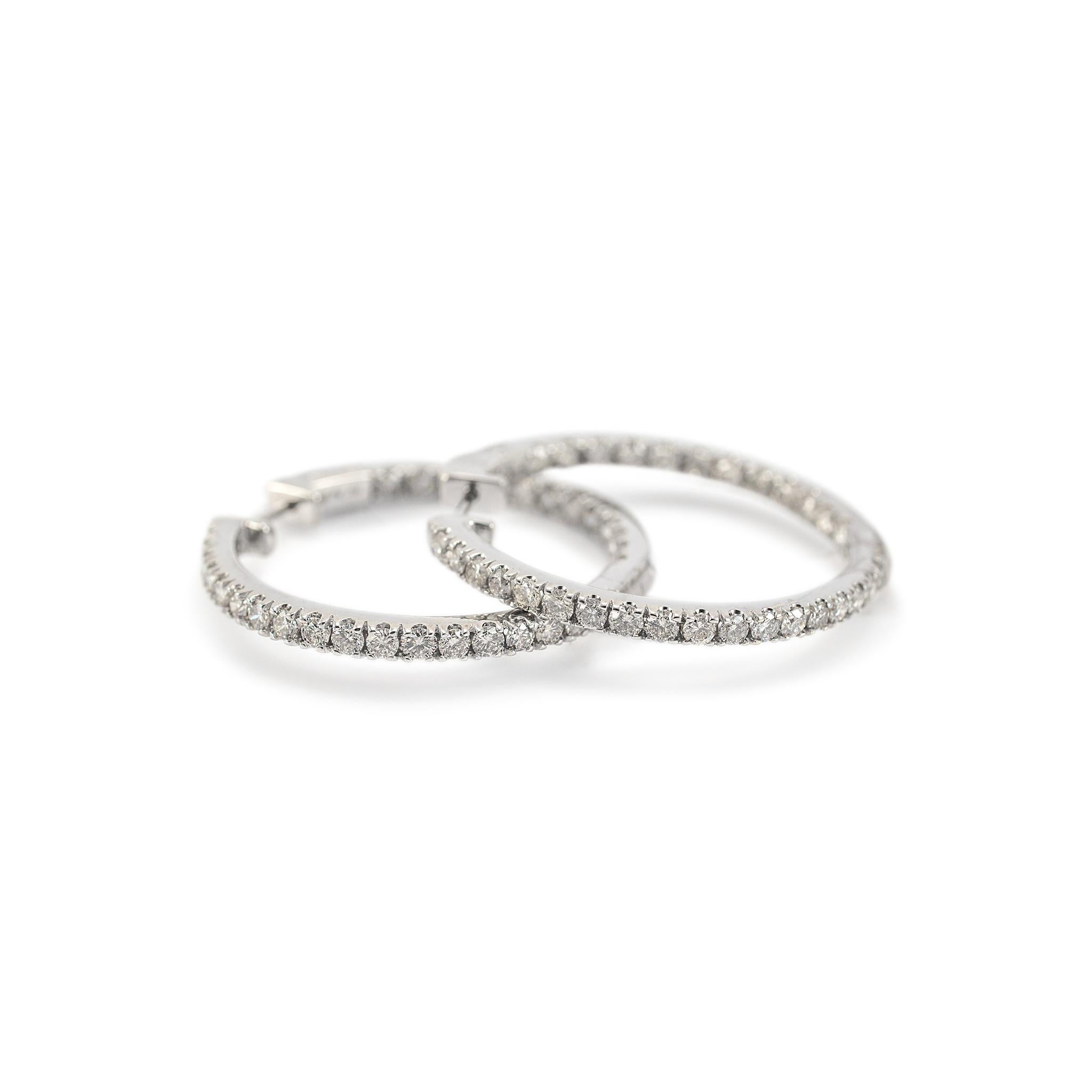 Ladies 14K White Gold Inside Out Diamond Hoop Earrings For Sale 2