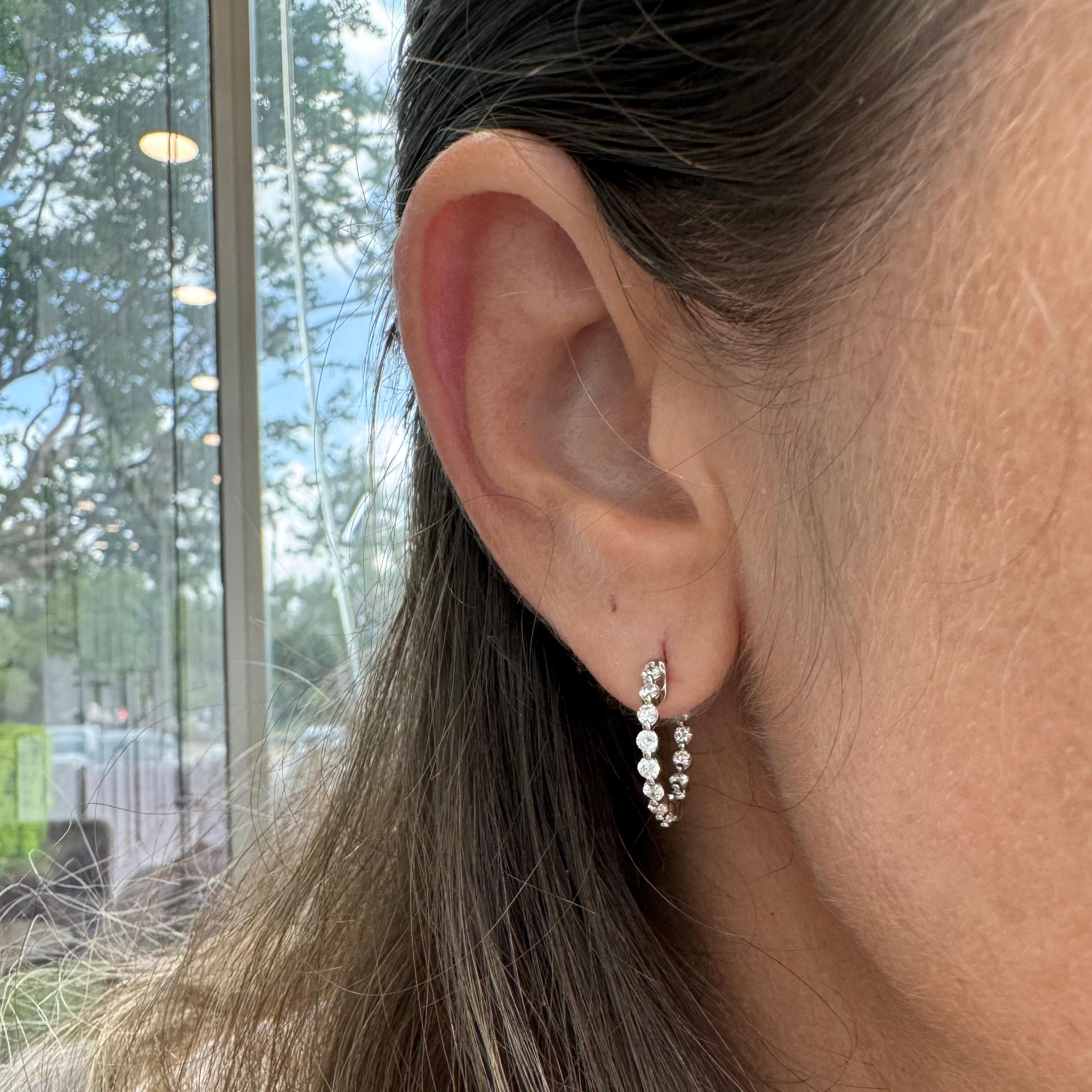 Ladies 14K White Gold Inside Out Diamond Hoop Earrings For Sale 2