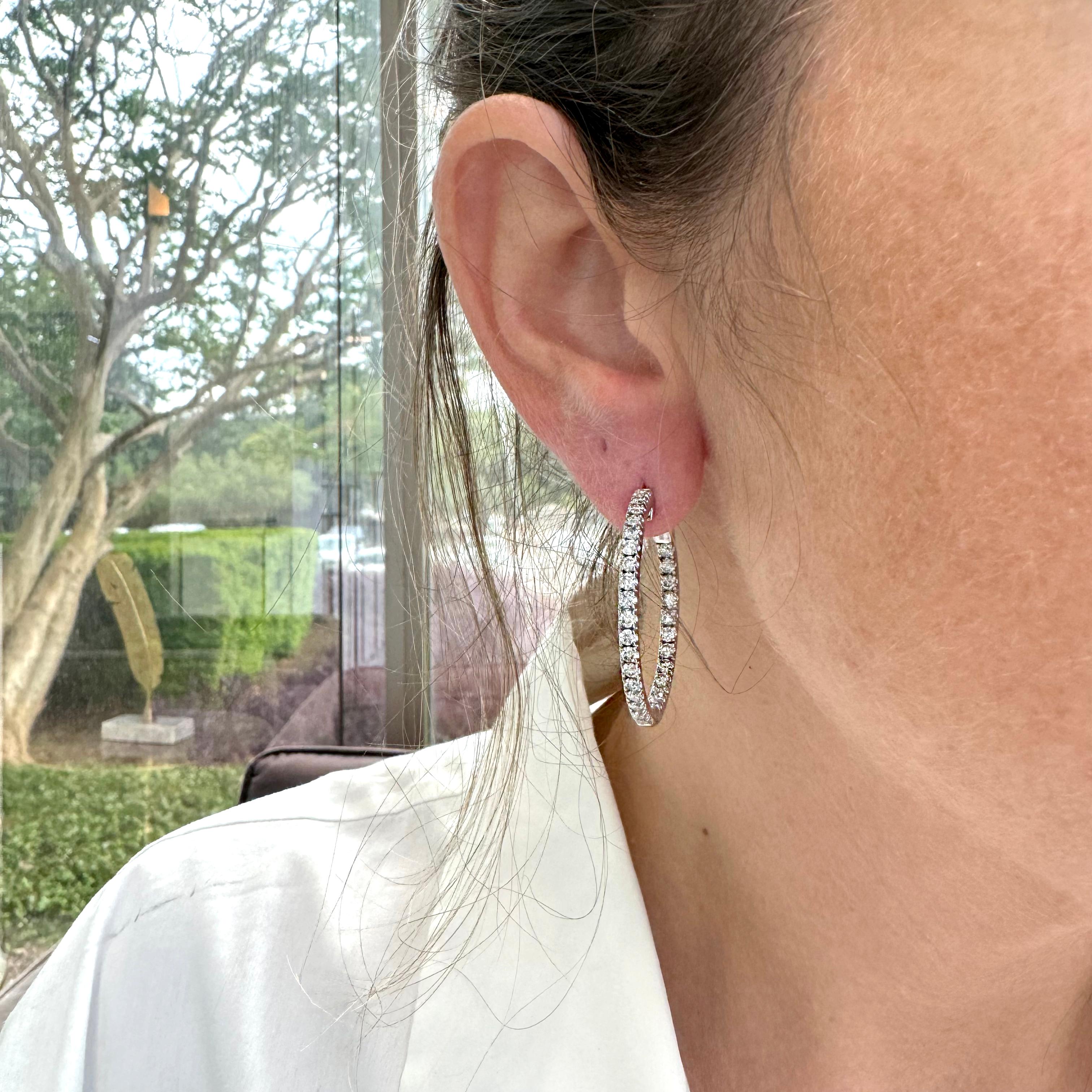 Ladies 14K White Gold Inside Out Diamond Hoop Earrings For Sale 3