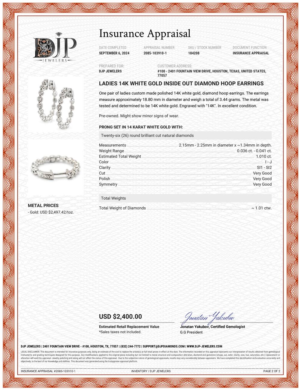 Ladies 14K White Gold Inside Out Diamond Hoop Earrings For Sale 3