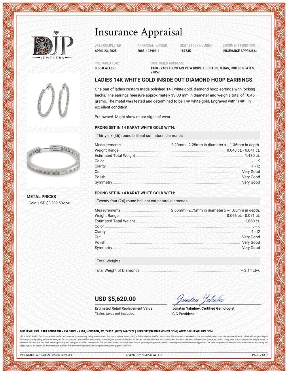 Ladies 14K White Gold Inside Out Diamond Hoop Earrings For Sale 4
