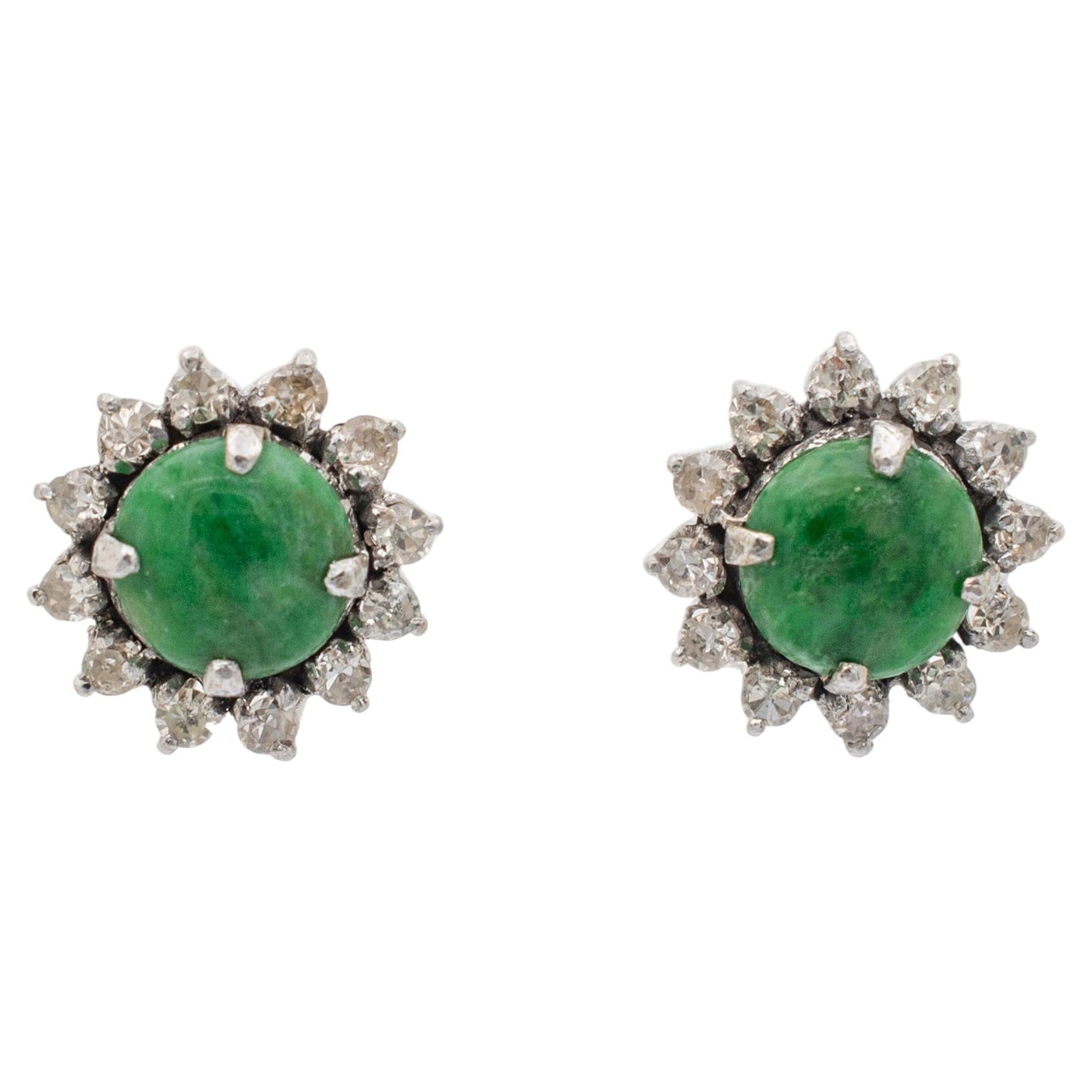 Ladies 14K White Gold Jade Halo Diamond Stud Earrings For Sale