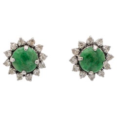 Antique Ladies 14K White Gold Jade Halo Diamond Stud Earrings