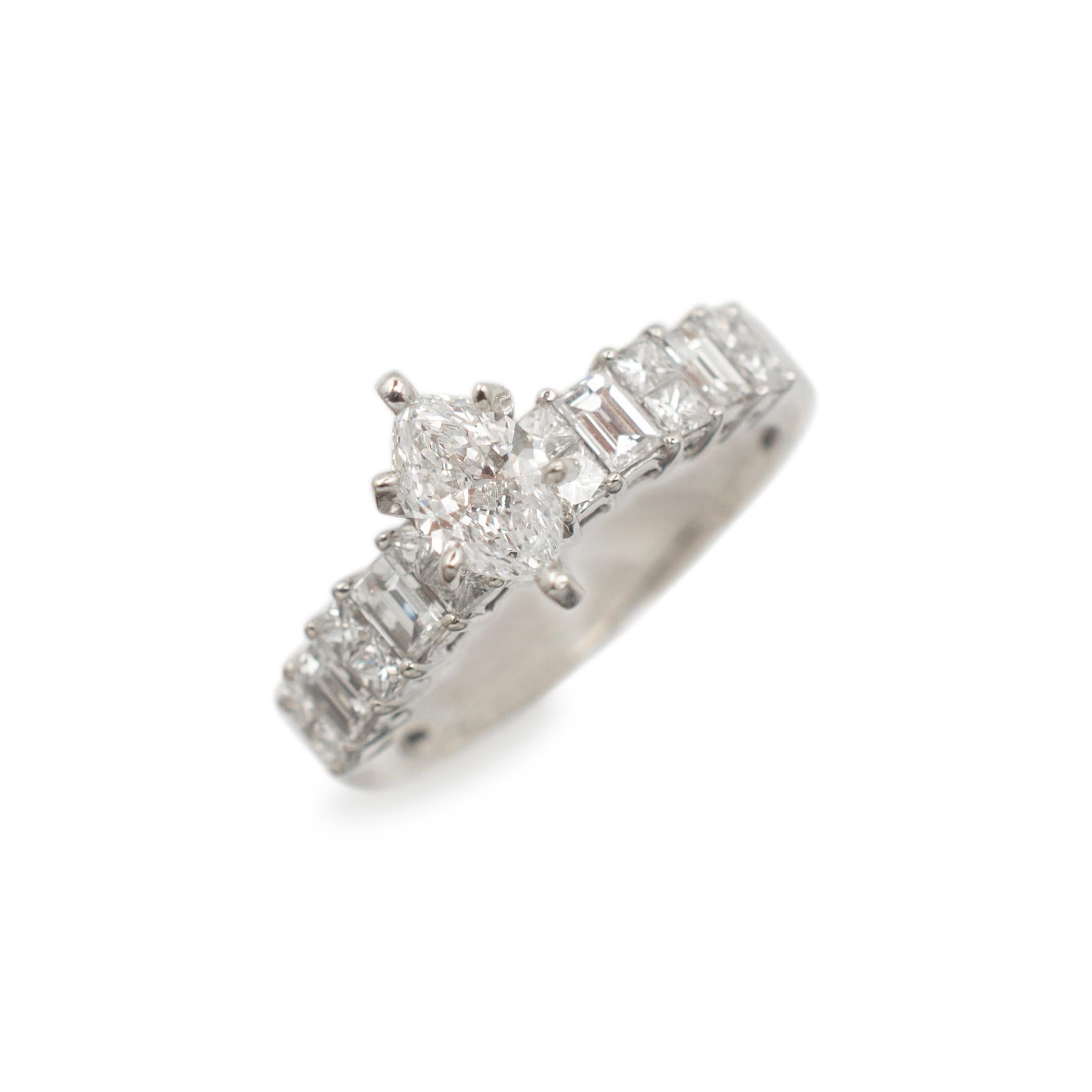 Gender: Ladies

Metal Type: 14K White Gold

Size: 6

Shank Width: 3.50mm

Weight: 4.20 grams

Ladies 14K white gold diamond engagement ring with a soft-square shank. Engraved with 