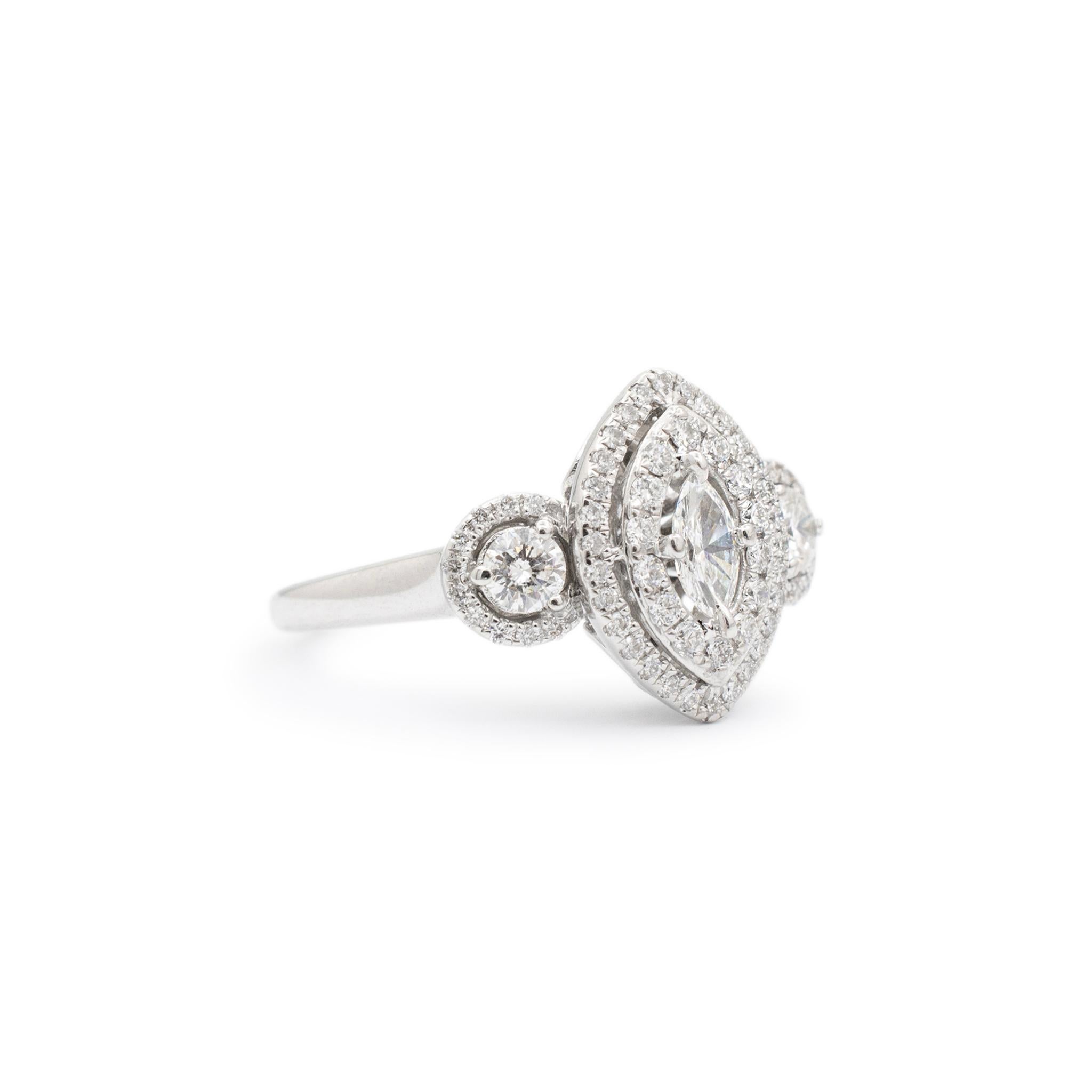 Marquise Cut Ladies 14K White Gold Marquee & Round Halo Diamond Three Stone Engagement Ring