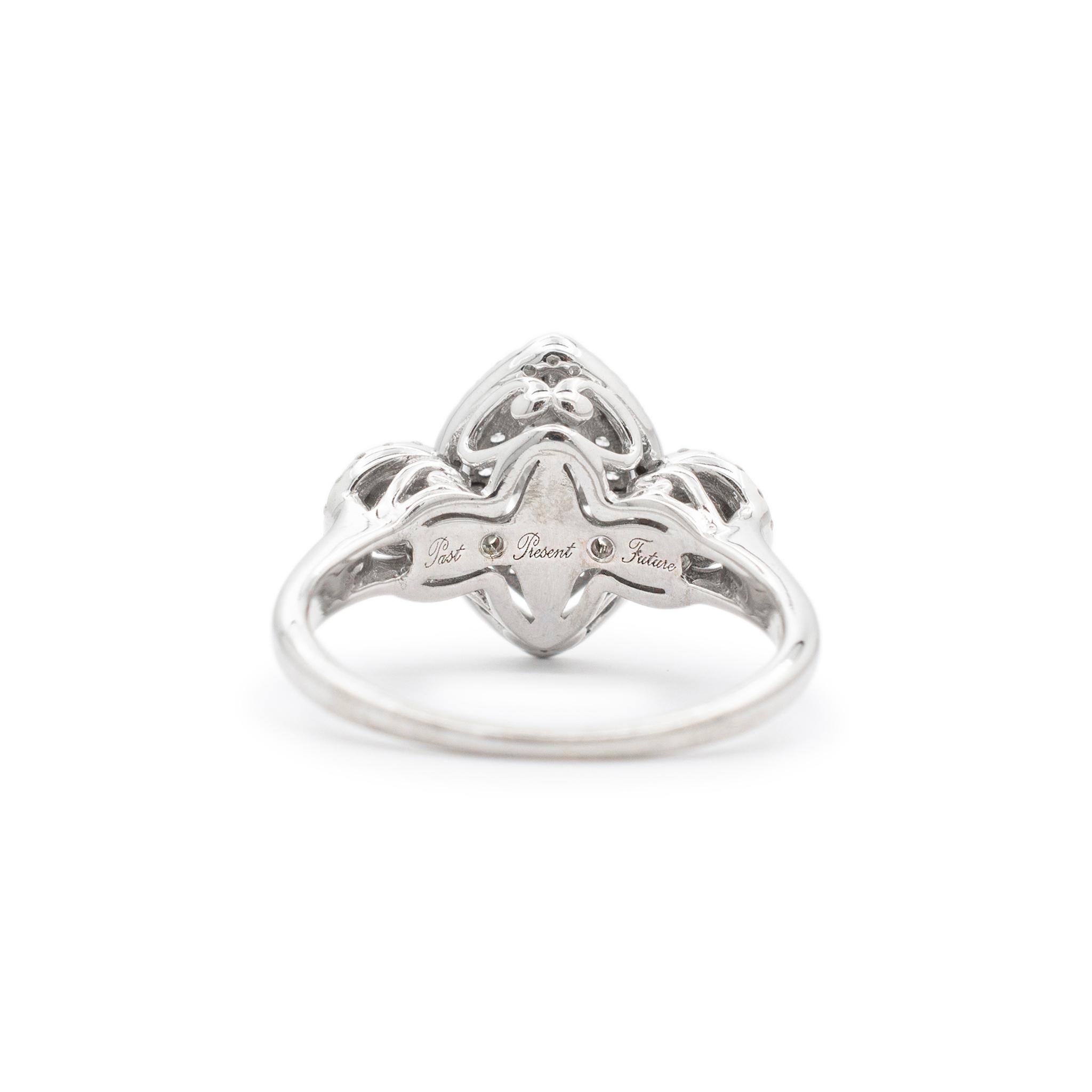 Ladies 14K White Gold Marquee & Round Halo Diamond Three Stone Engagement Ring In Excellent Condition In Houston, TX