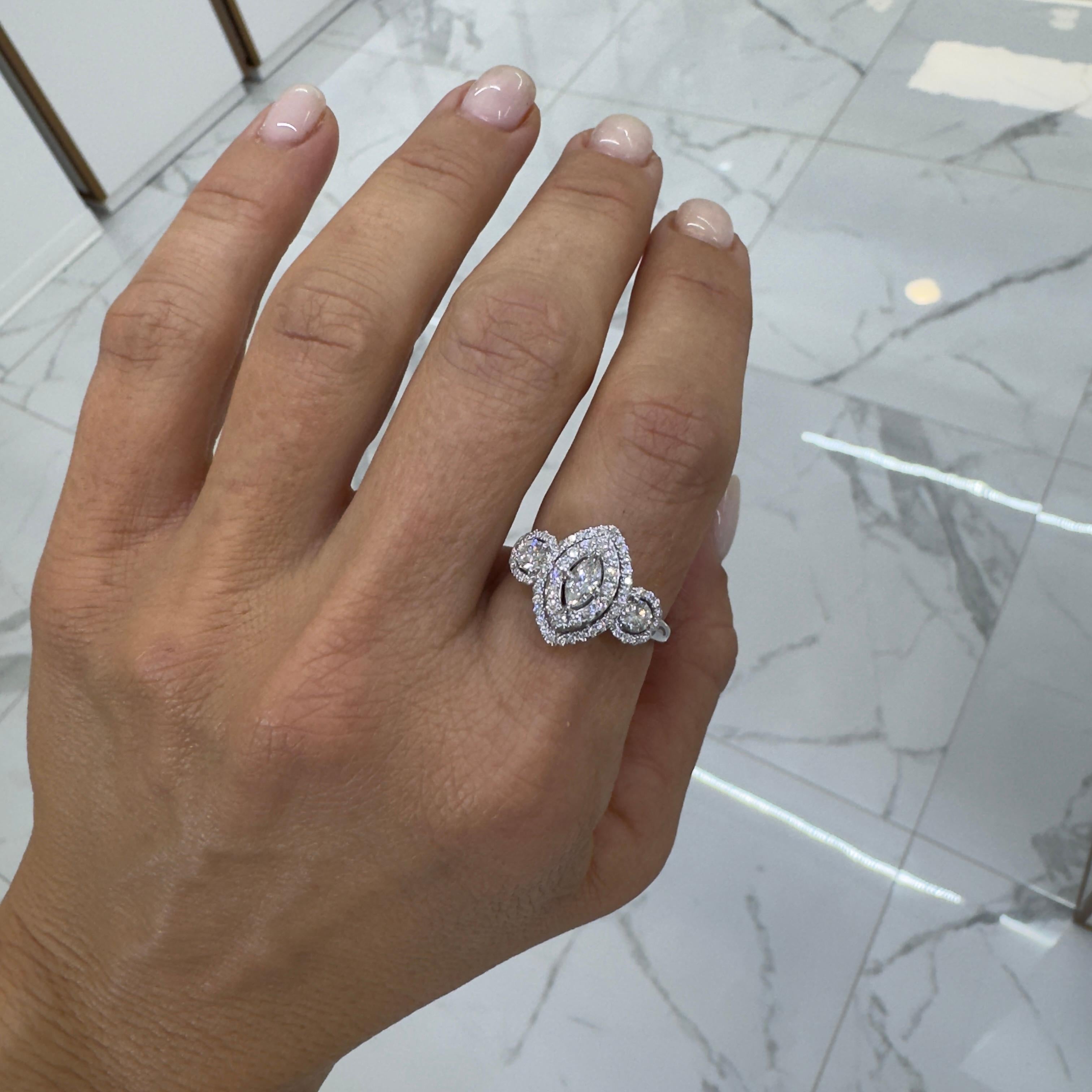 Ladies 14K White Gold Marquee & Round Halo Diamond Three Stone Engagement Ring 1