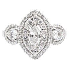 Ladies 14K White Gold Marquee & Round Halo Diamond Three Stone Engagement Ring