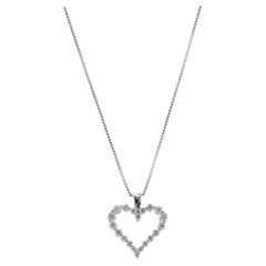 Ladies 14K White Gold Open Heart Diamond Pendant Necklace