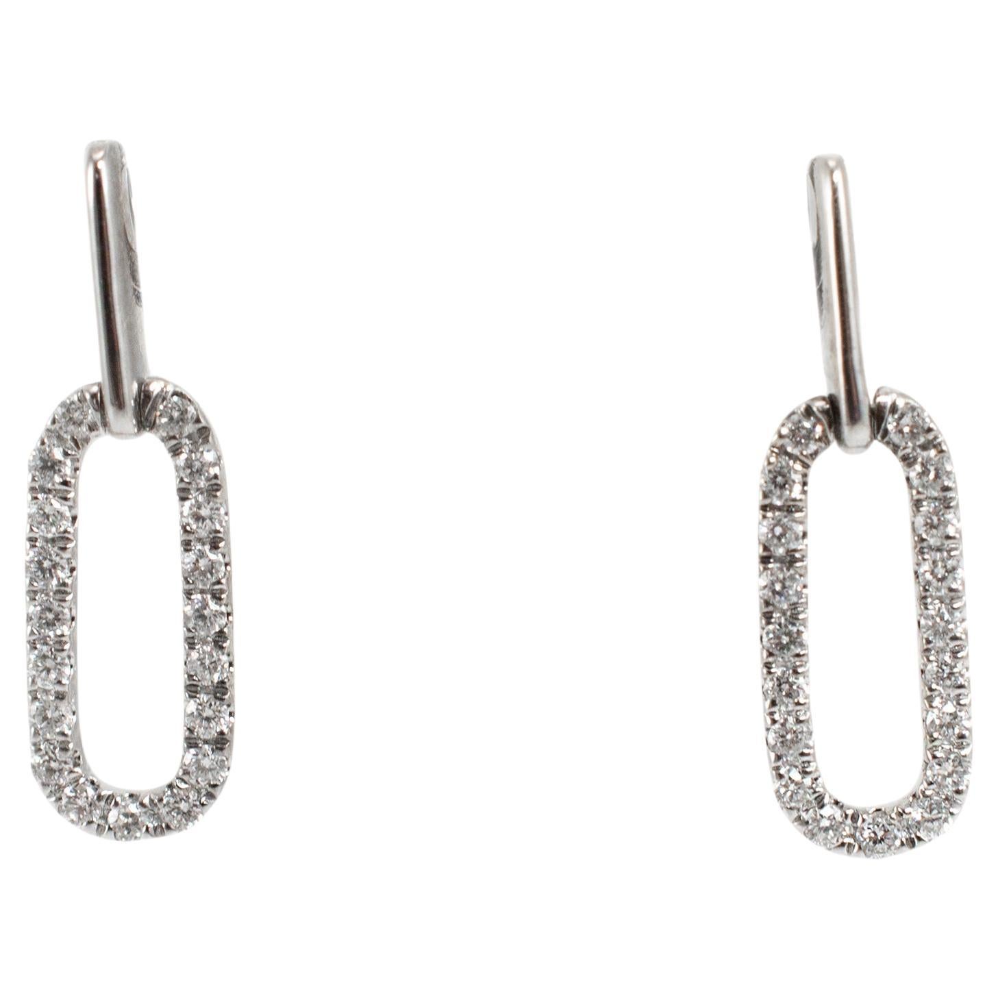 Ladies 14K White Gold Oval Paper Clip Pave Diamond Drop Earrings