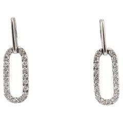Ladies 14K White Gold Oval Paper Clip Pave Diamond Drop Earrings