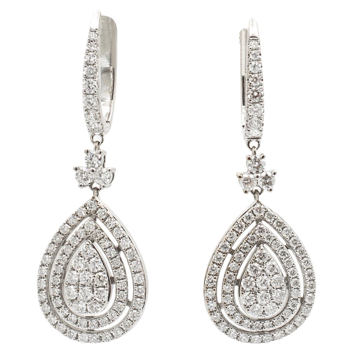 Ladies 14K White Gold Pear Shaped Cluster Diamond Drop Earrings For Sale