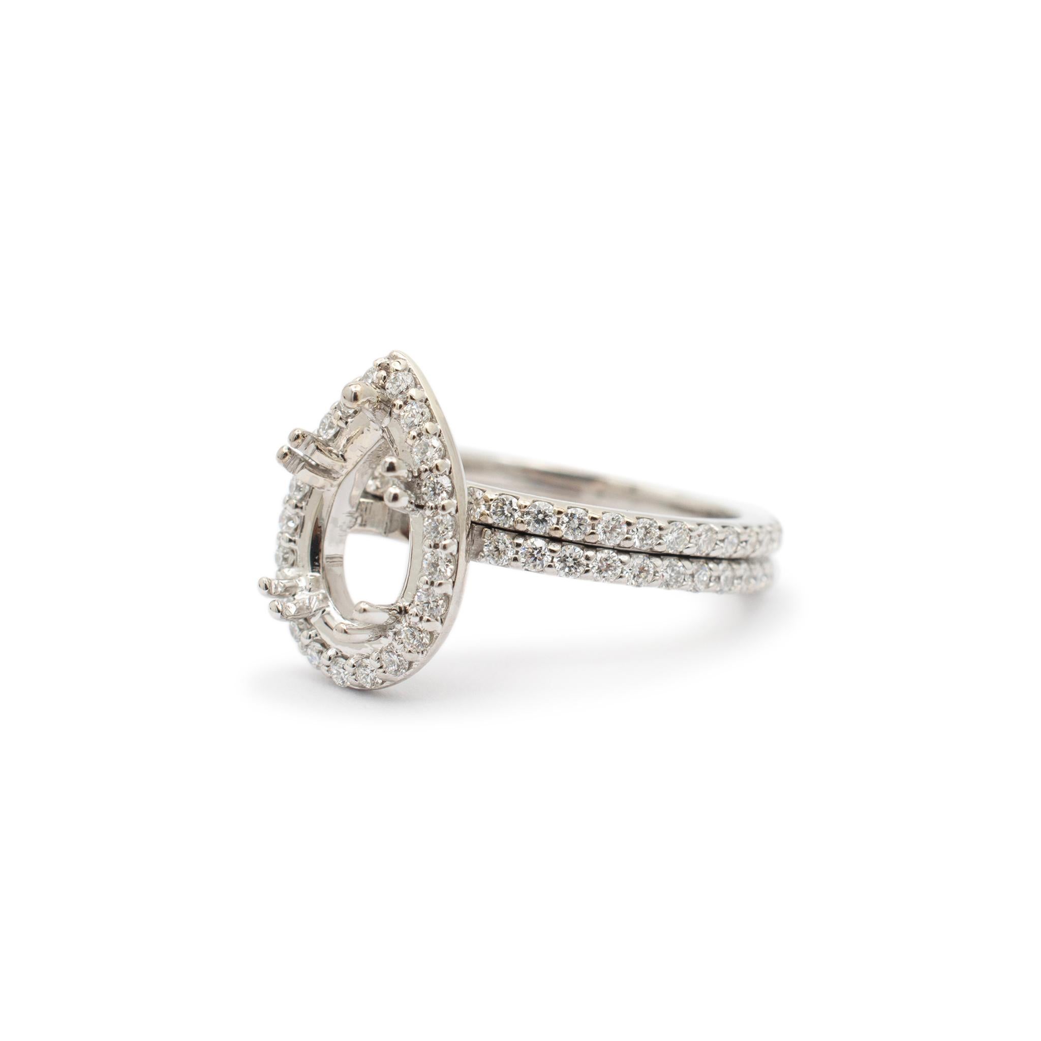 Round Cut Ladies 14K White Gold Pear Shaped Halo Diamond Semi Mount Engagement Ring