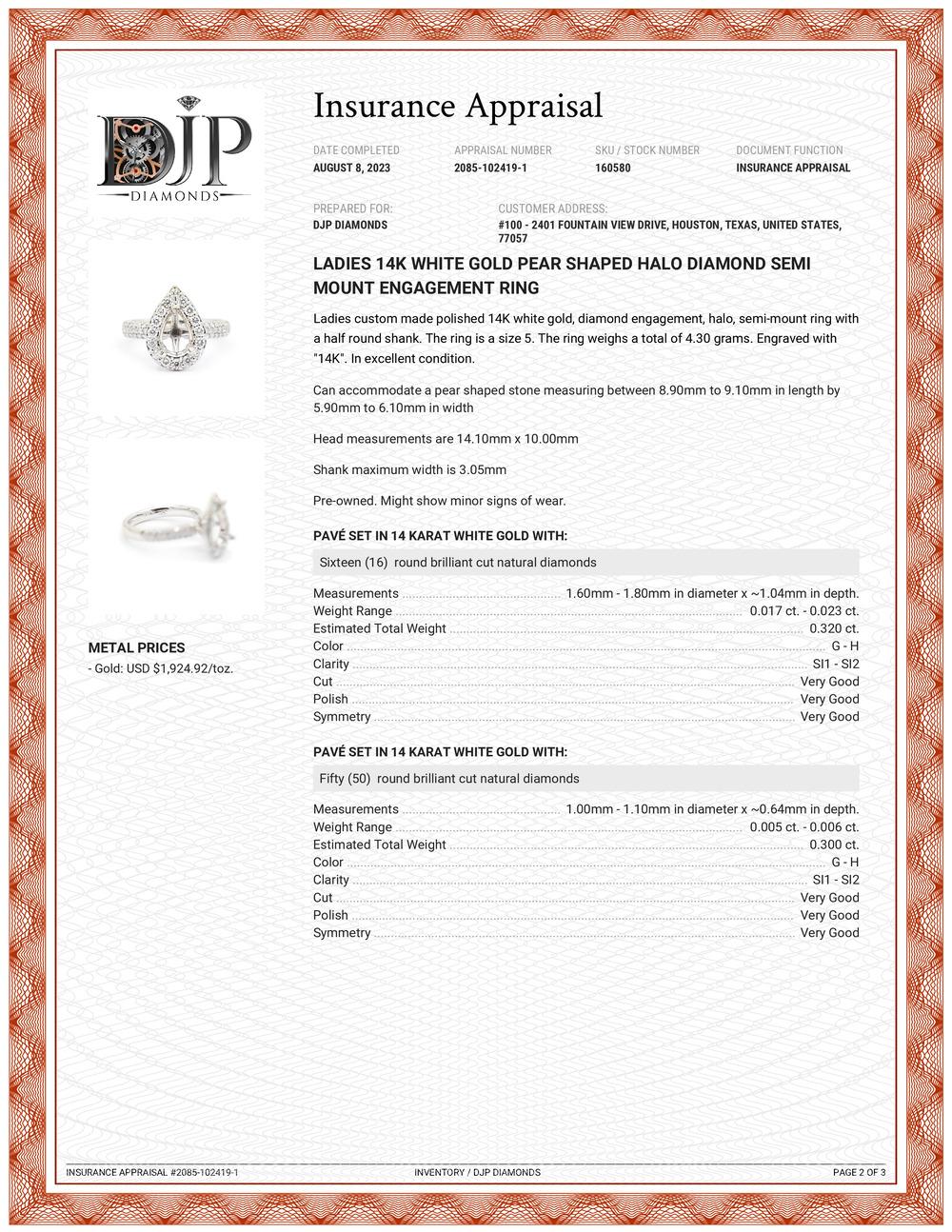 Bague de fiançailles pour dames en or blanc 14K avec halo en forme de poire et diamant en demi-monture en vente 1