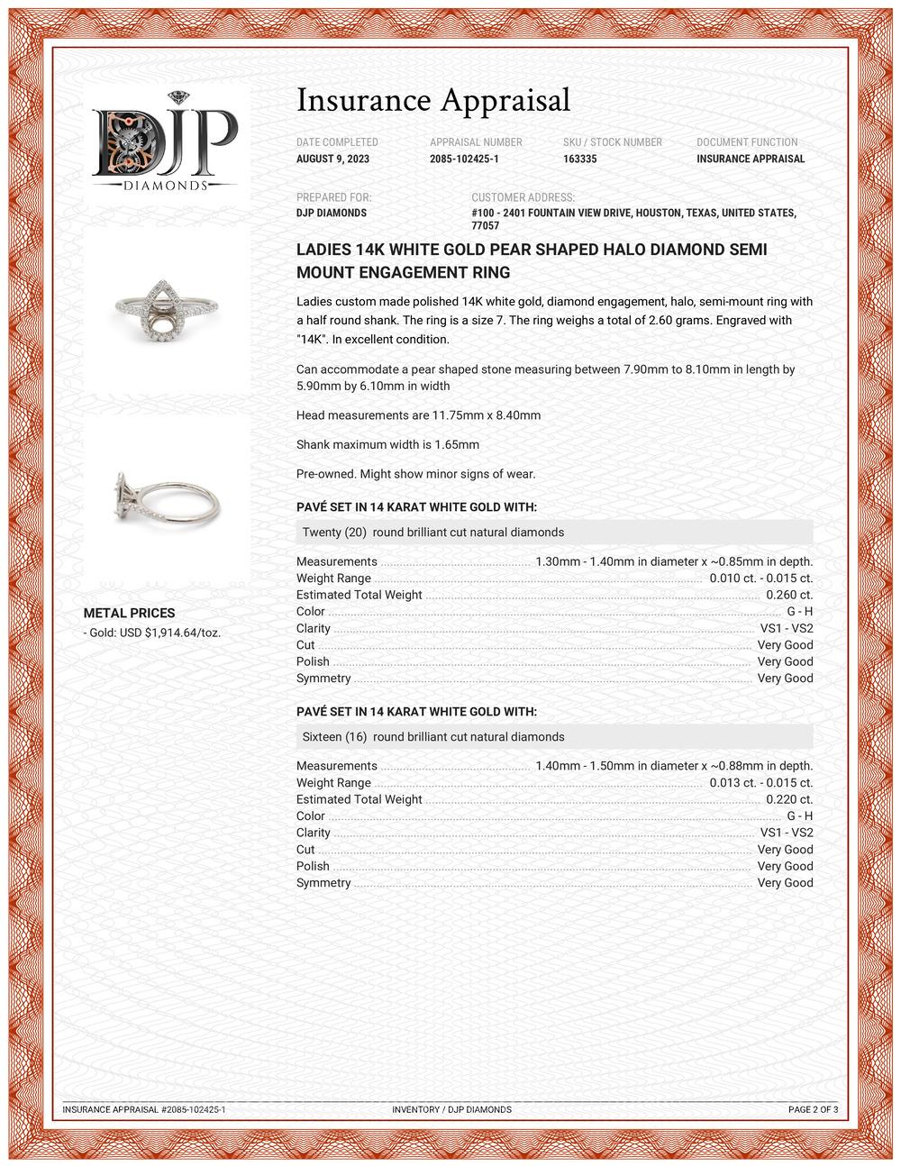 Damen 14K Weißgold Birne geformt Halo Diamant Semi Mount Verlobungsring im Angebot 3