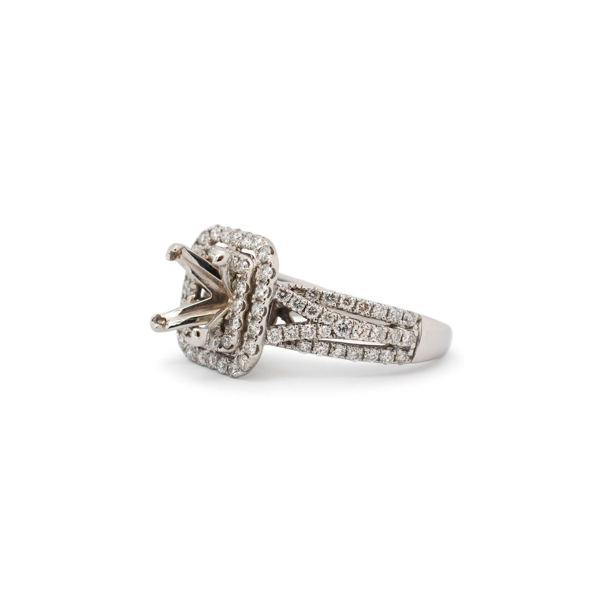 Taille ronde Ladies 14K White Gold Princesse Double Halo Diamond Semi Mount Engagement Ring en vente