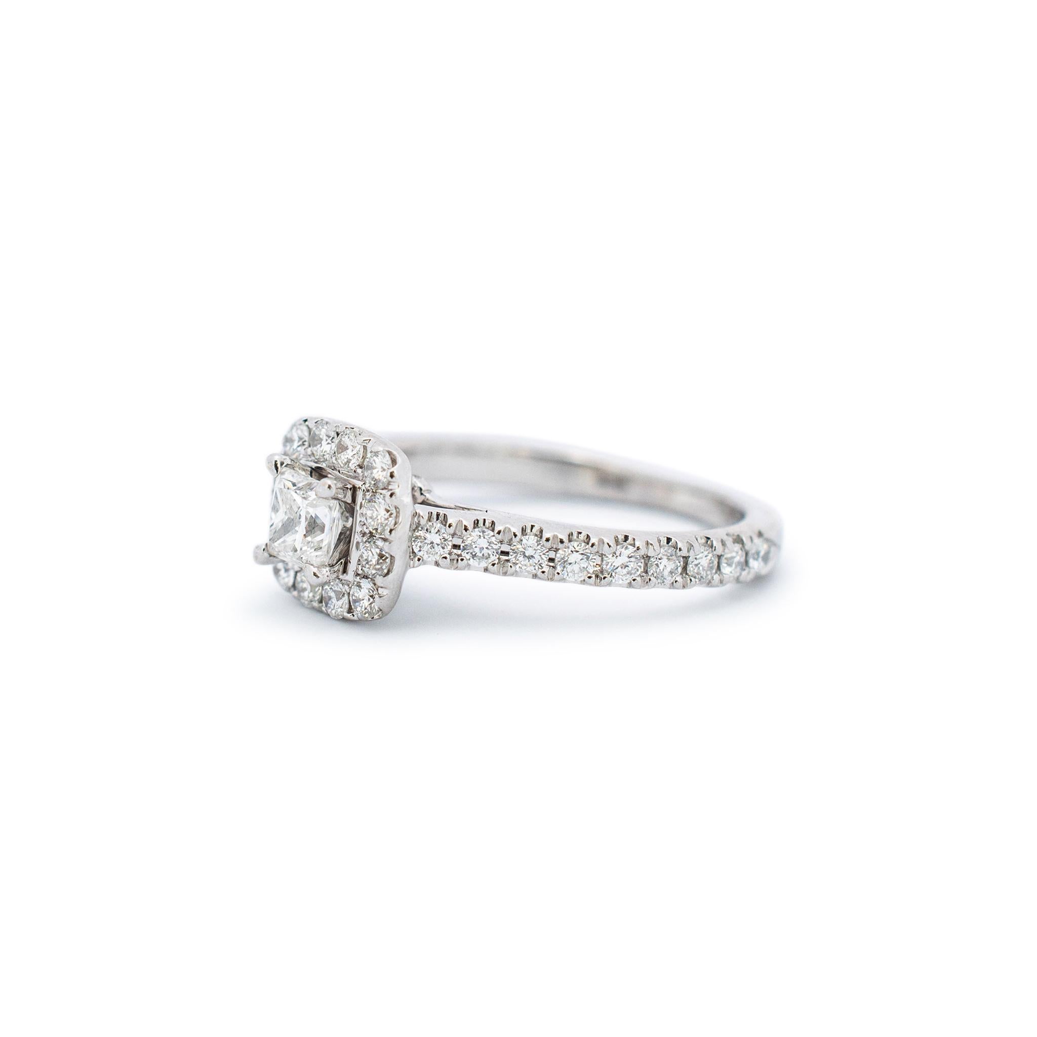 Round Cut Ladies 14k White Gold Princess Halo Diamond Engagement Ring For Sale
