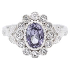 Ladies 14K White Gold Purple Sapphire Halo Diamond Filigree Style Cocktail Ring