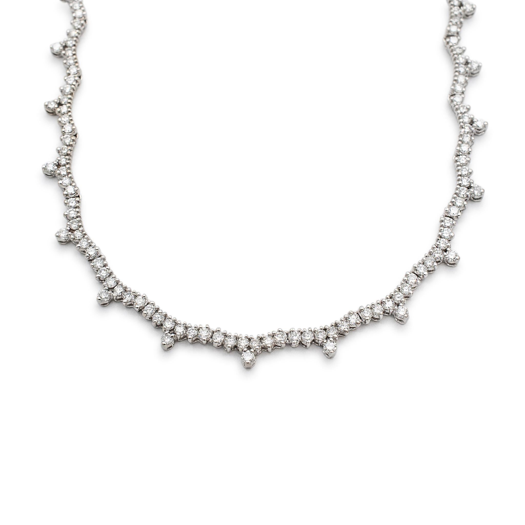 Gender: Ladies

Metal Type: 14K White Gold

Length: 16.00 inches

Width: 5.50 mm

Weight: 24.80 grams

14K white gold single strand collar diamond necklace. The metal was tested and determined to be 14K white gold.

Pre-owned in excellent condition.