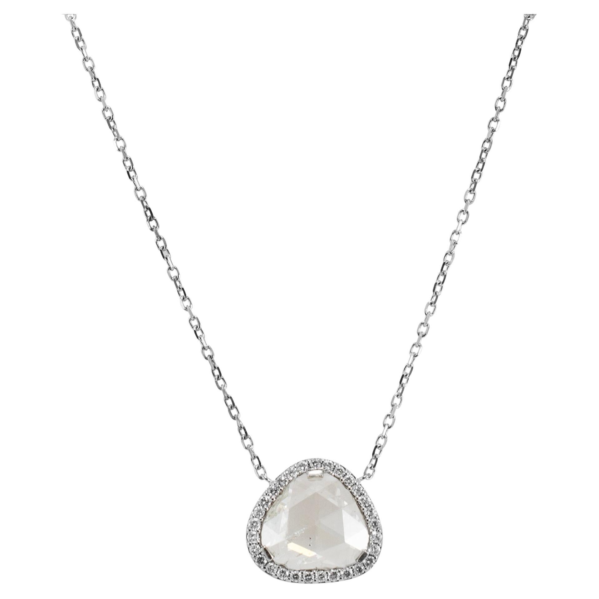 Ladies 14K White Gold Rose Cut Halo Round Diamond Pendant Necklace