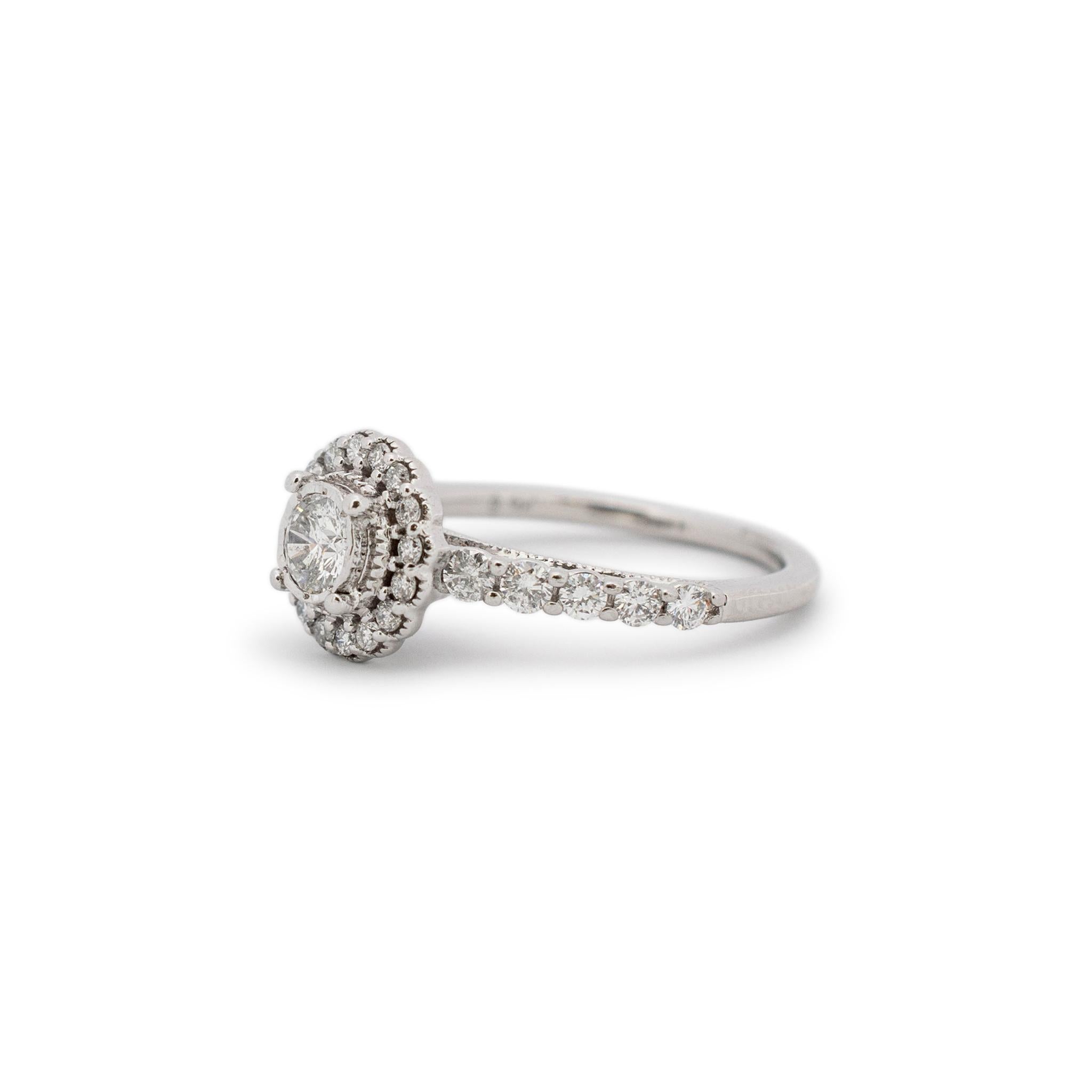 Round Cut Ladies 14k White Gold Round Halo Diamond Engagement Ring For Sale
