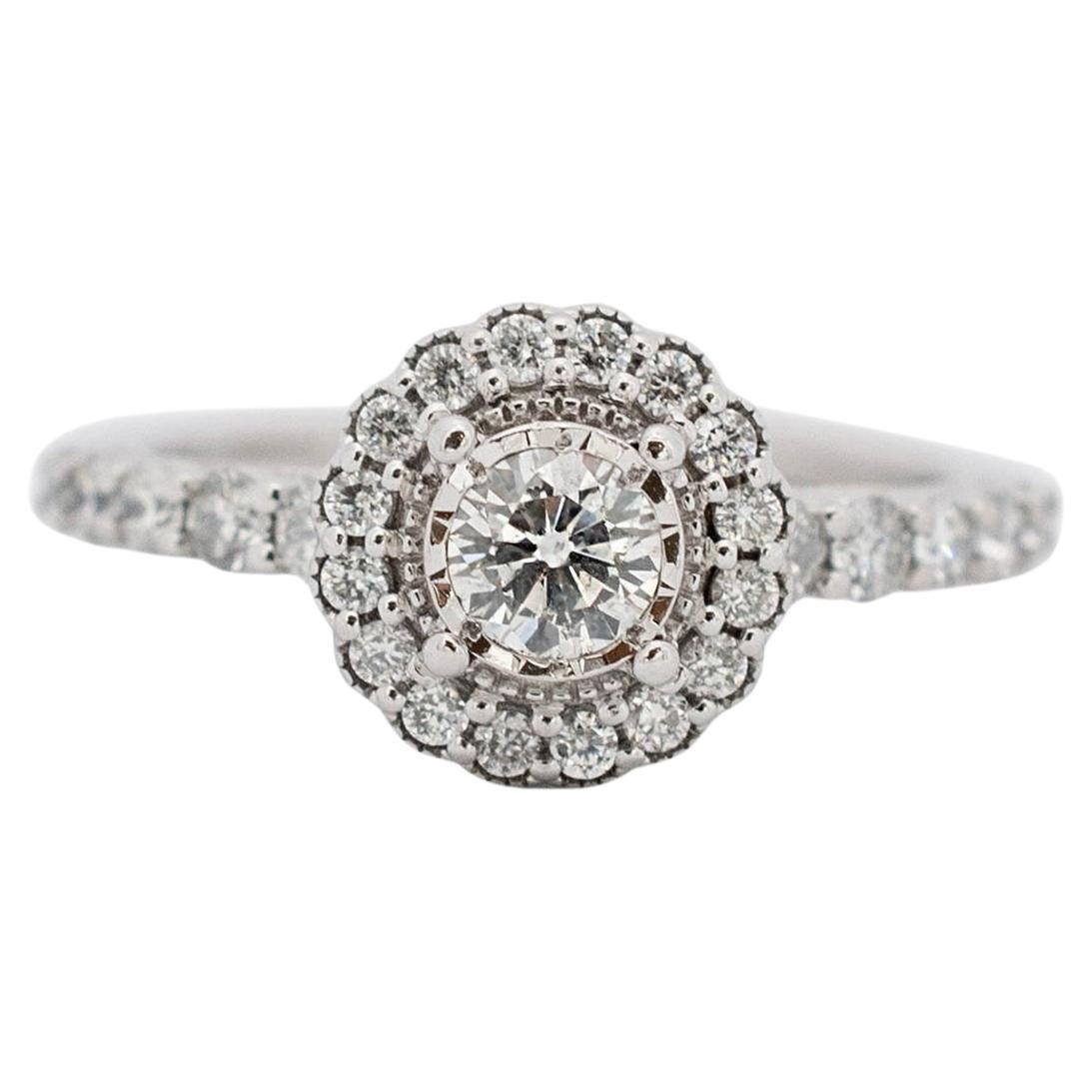 Ladies 14k White Gold Round Halo Diamond Engagement Ring For Sale