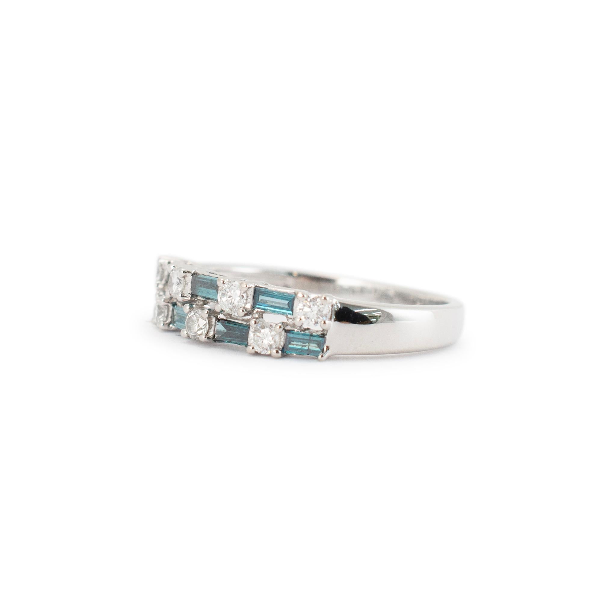 Round Cut Ladies 14K White Gold Round White & Baguette Treated Blue Diamond Band Ring