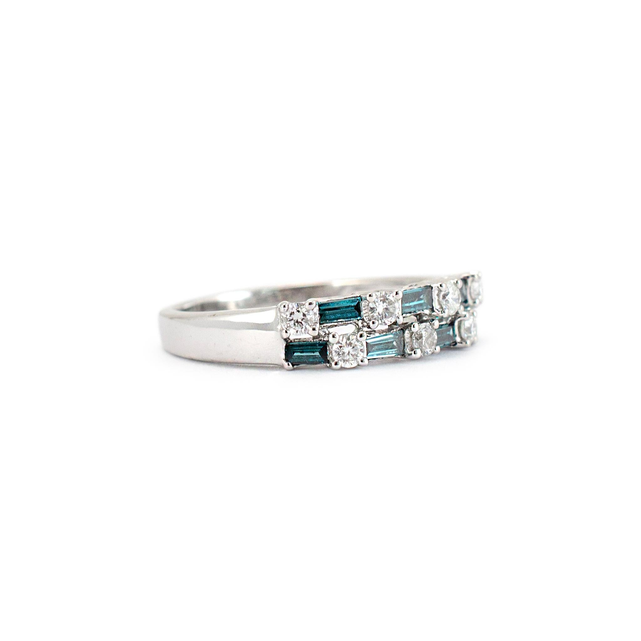 Ladies 14K White Gold Round White & Baguette Treated Blue Diamond Band Ring In Excellent Condition In Houston, TX