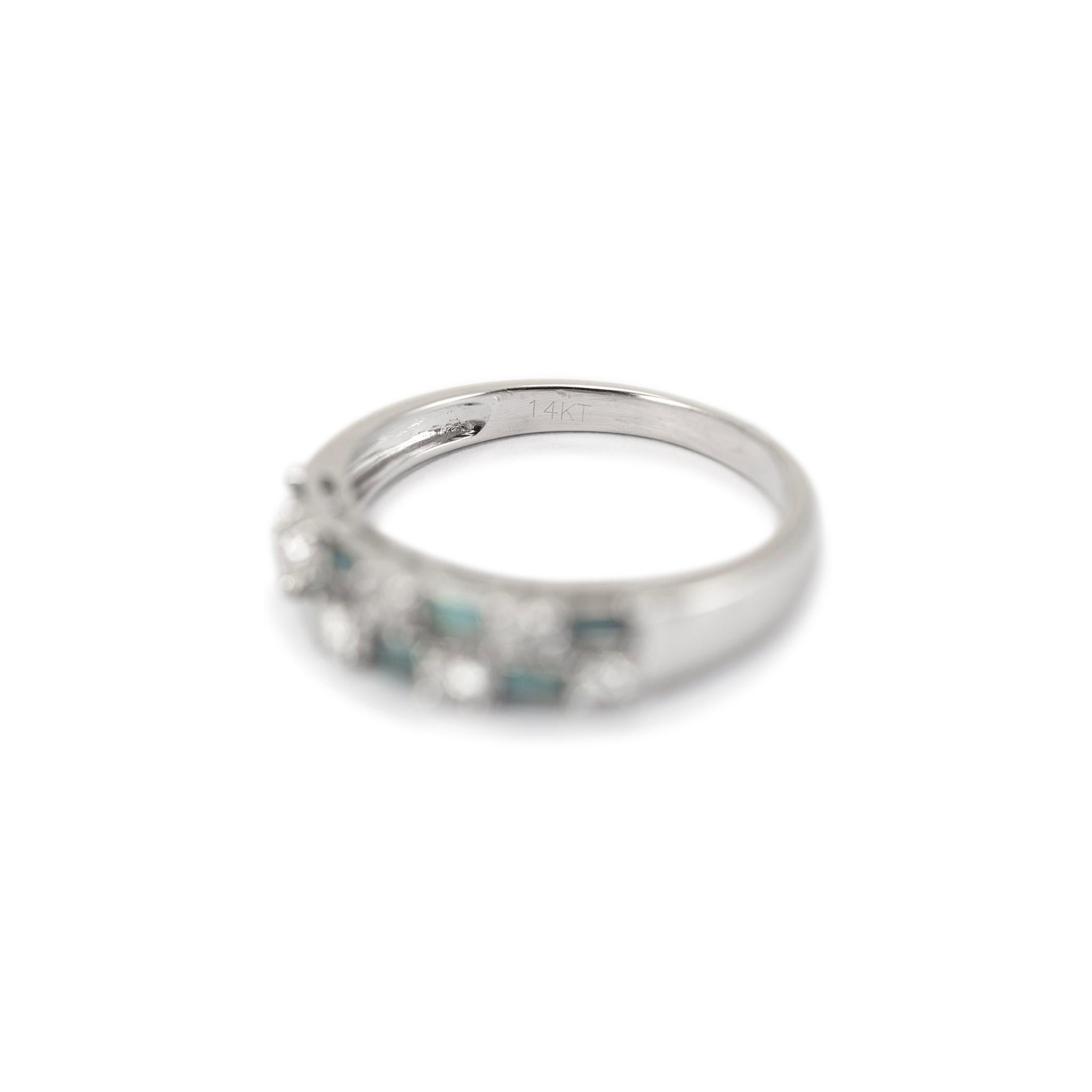 Ladies 14K White Gold Round White & Baguette Treated Blue Diamond Band Ring 1