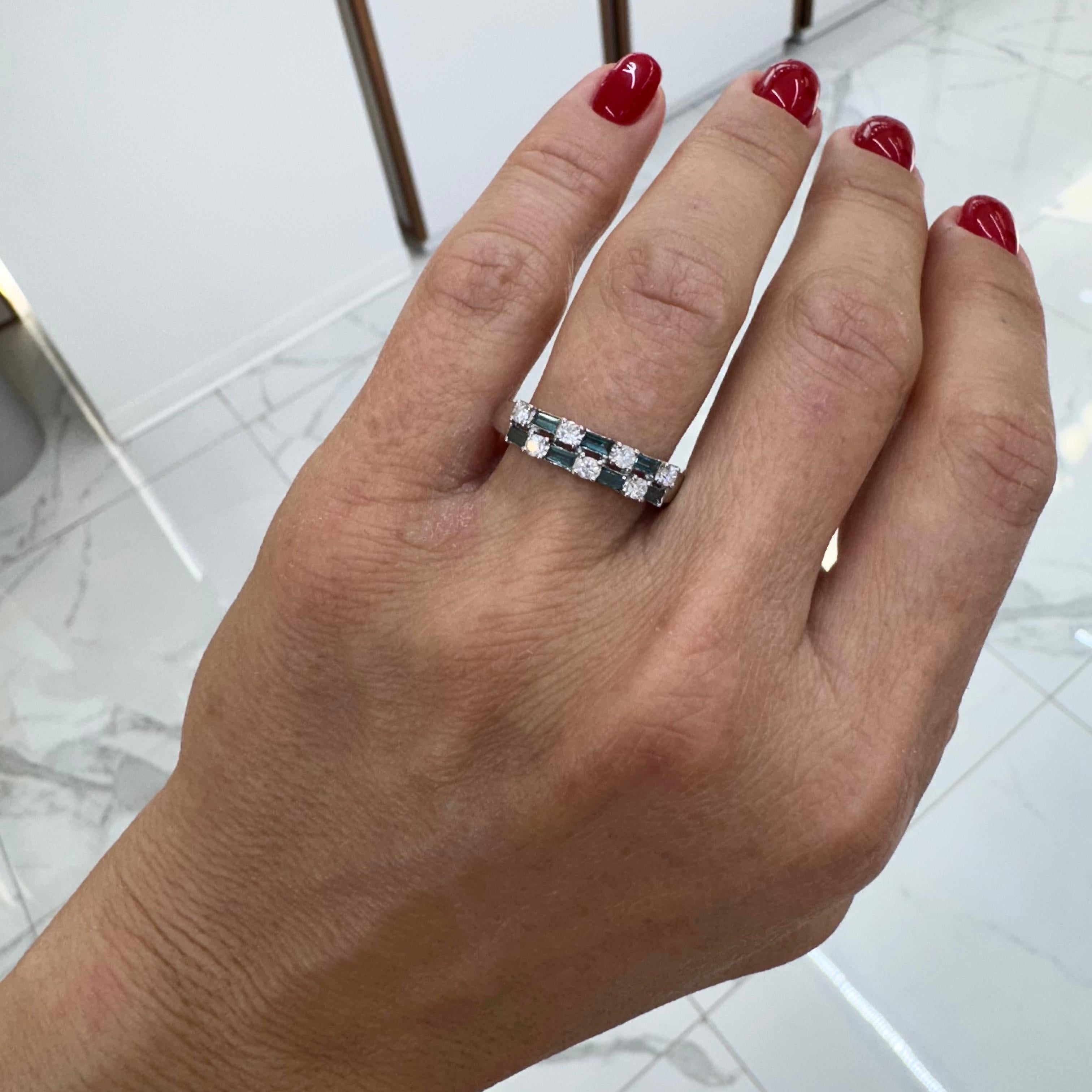 Ladies 14K White Gold Round White & Baguette Treated Blue Diamond Band Ring 2