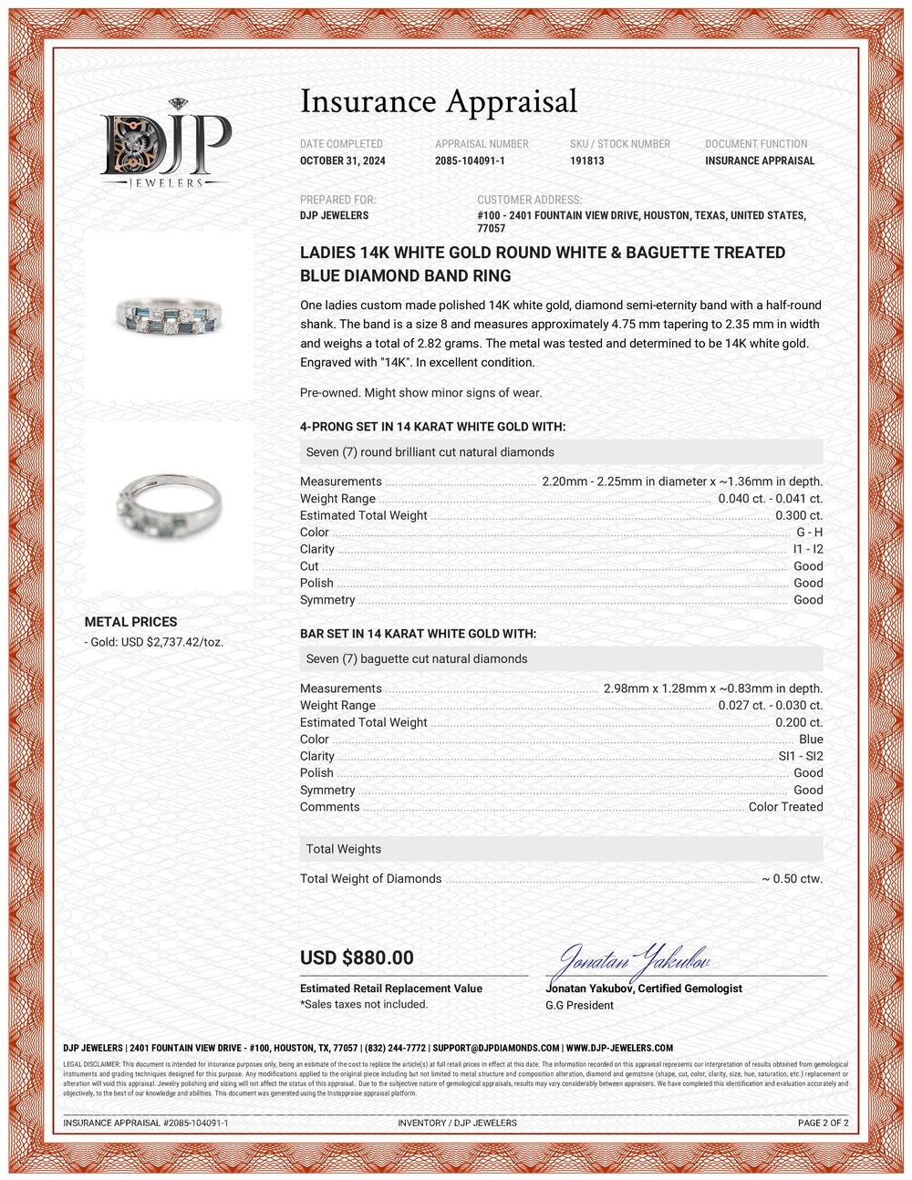 Ladies 14K White Gold Round White & Baguette Treated Blue Diamond Band Ring 3