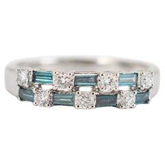 Ladies 14K White Gold Round White & Baguette Treated Blue Diamond Band Ring