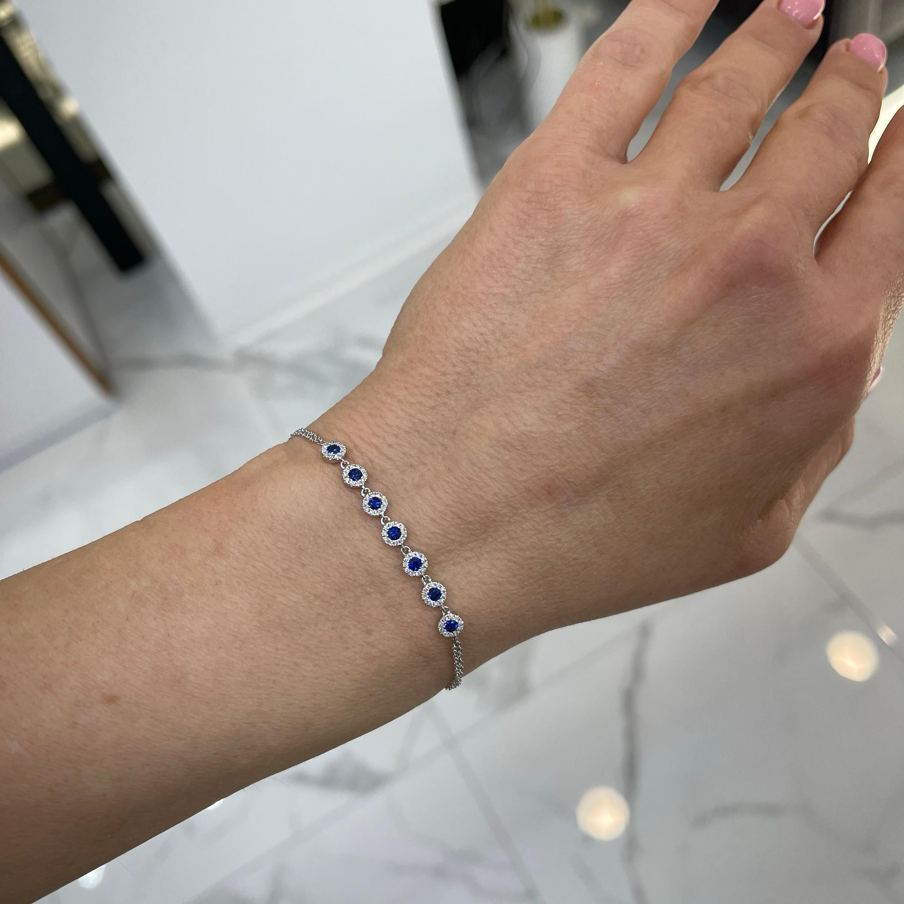 Ladies 14k White Gold Sapphires Halo Diamonds Cocktail Link Bracelet 1