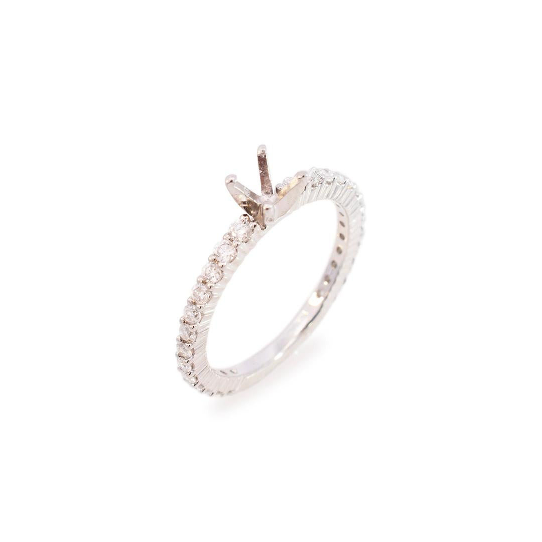 Gender: Ladies

Metal Type: 14K White Gold

Ring Size: 7

Total Weight: 2.43 grams

Shank width: 1.80mm

14K white gold diamond semi mount with soft square shank.

Hold a center stone of Round or Cushion Shape measure 4.60mm to 5.30mm in