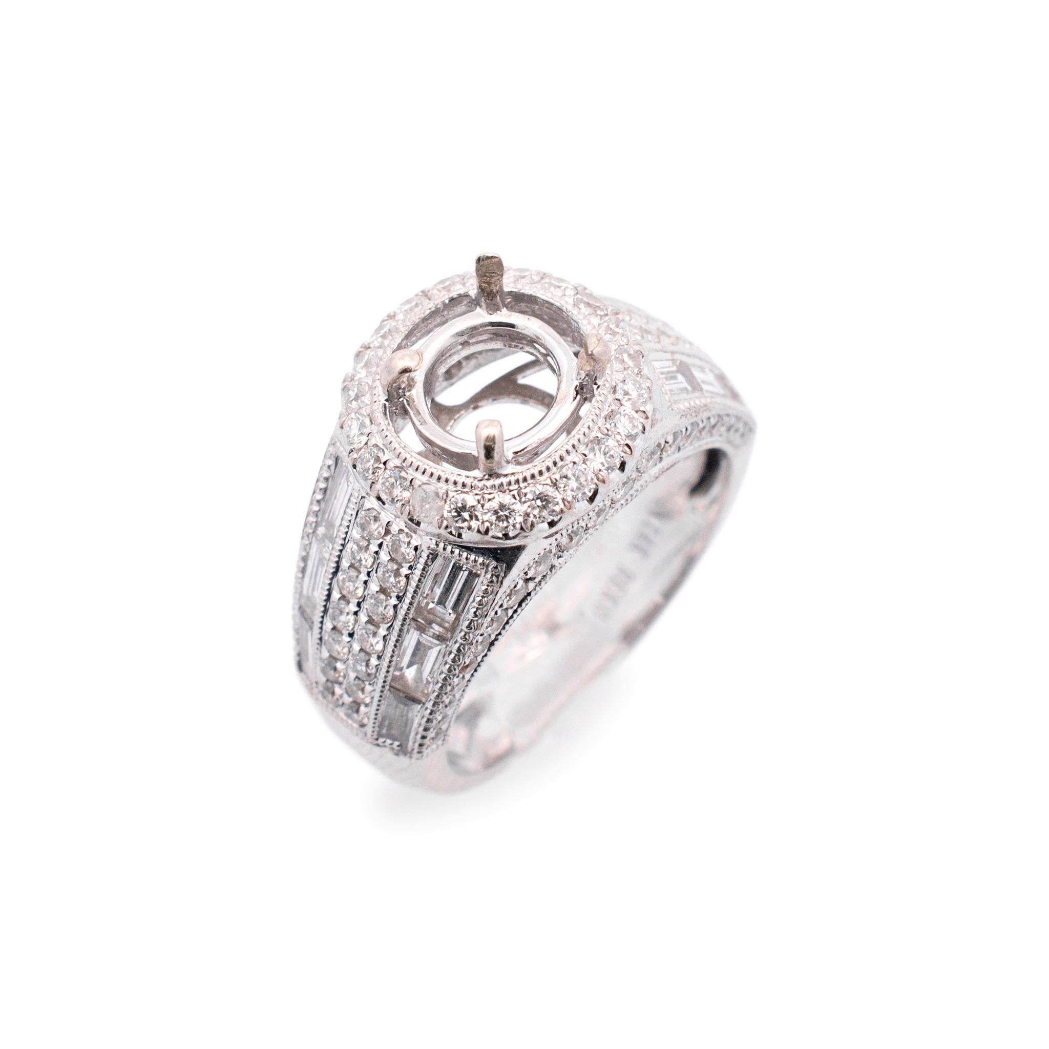 Brand: Reko

Gender: Ladies

Metal Type: 14K White Gold

Size (US): 5

Shank Width: 9.40mm Tapering to 3.80mm

Head Measurements: 11.50mm by 11.20mm

Can Hold a center stone of Round Shape measures approximately 6.50mm to 7.00mm in diameter

Weight: