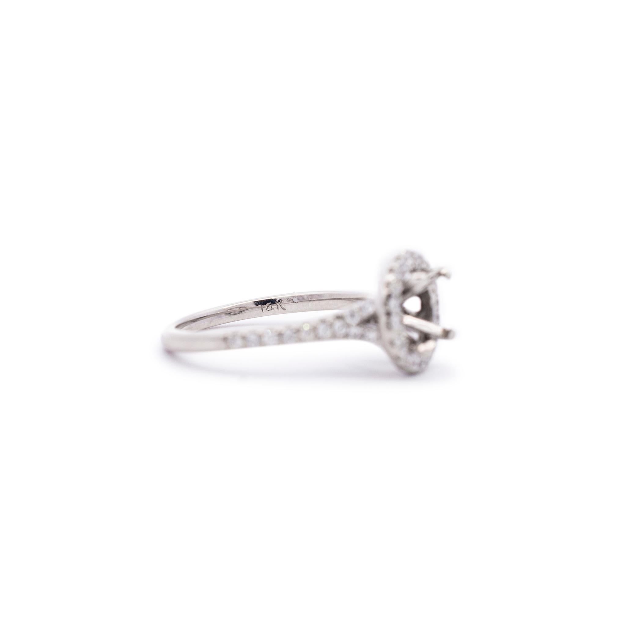 Women's or Men's Ladies 14k White Gold Semi Mount Halo Diamond Engagement Ring For Sale