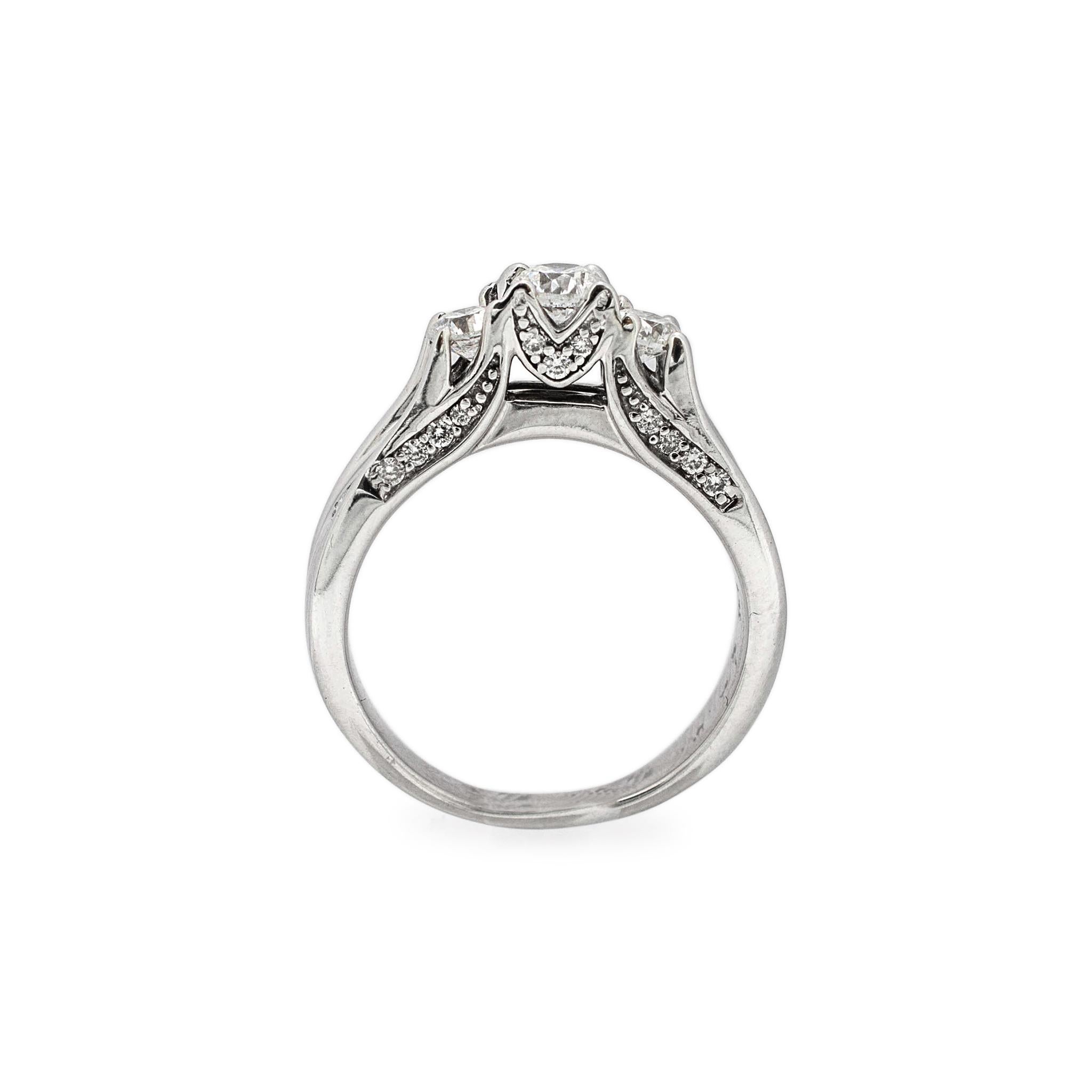 Round Cut Ladies 14K White Gold Three Stone Diamond Engagement Ring For Sale