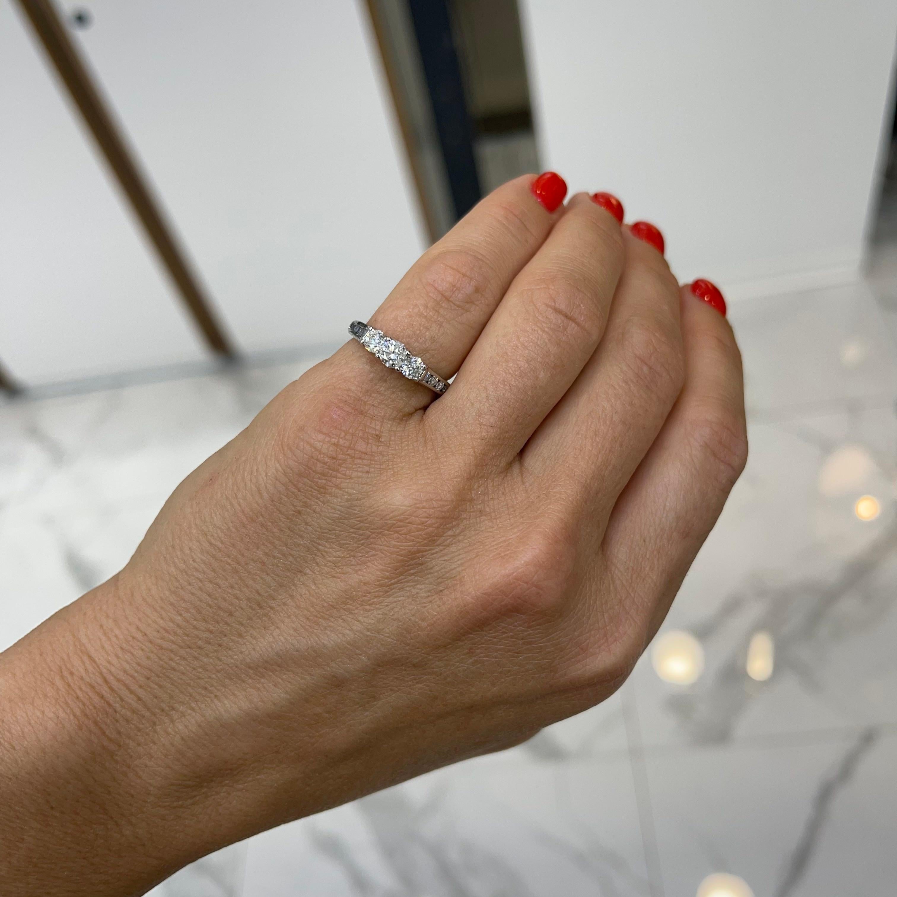 Ladies 14K White Gold Three Stone Diamond Engagement Ring For Sale 4