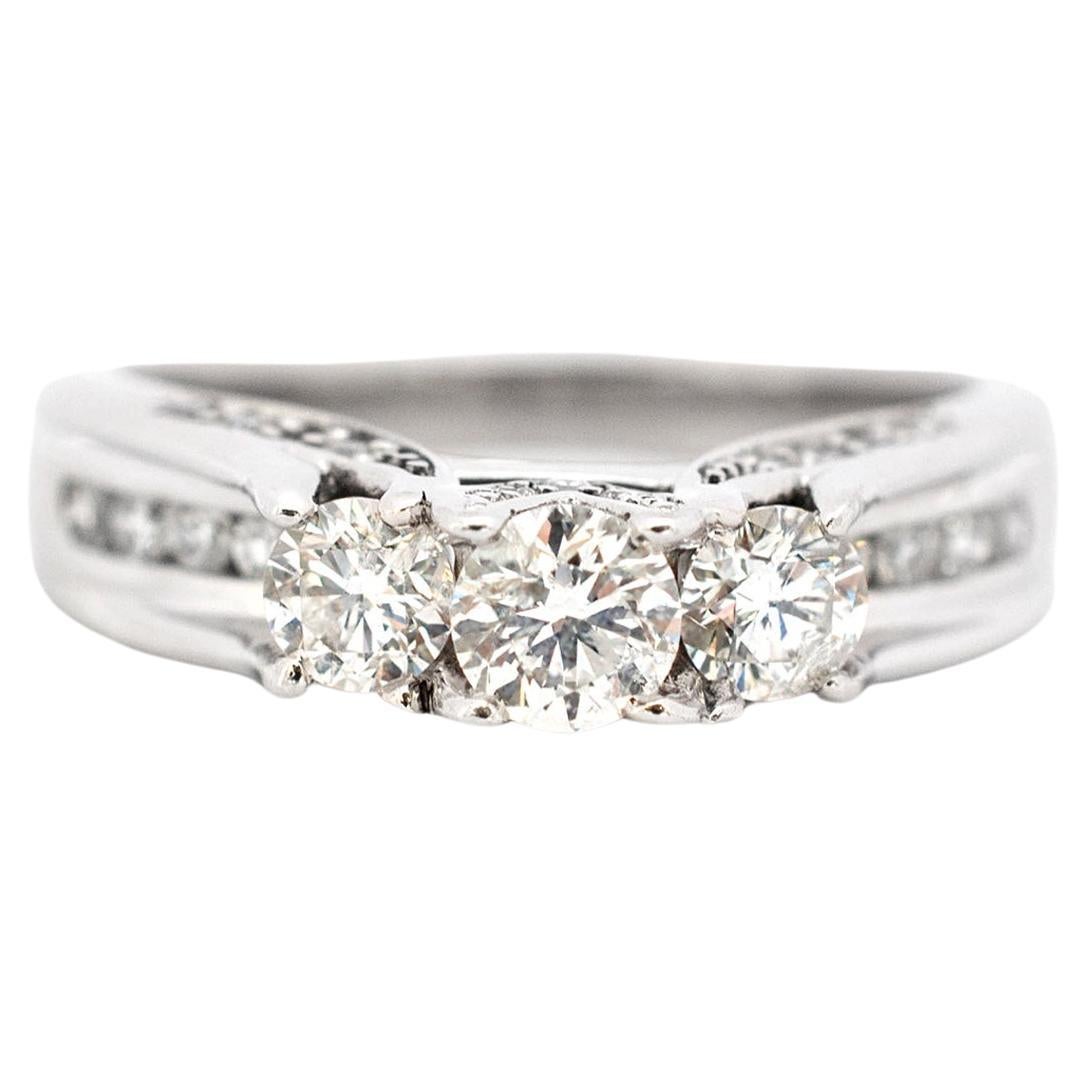 Ladies 14K White Gold Three Stone Diamond Engagement Ring For Sale