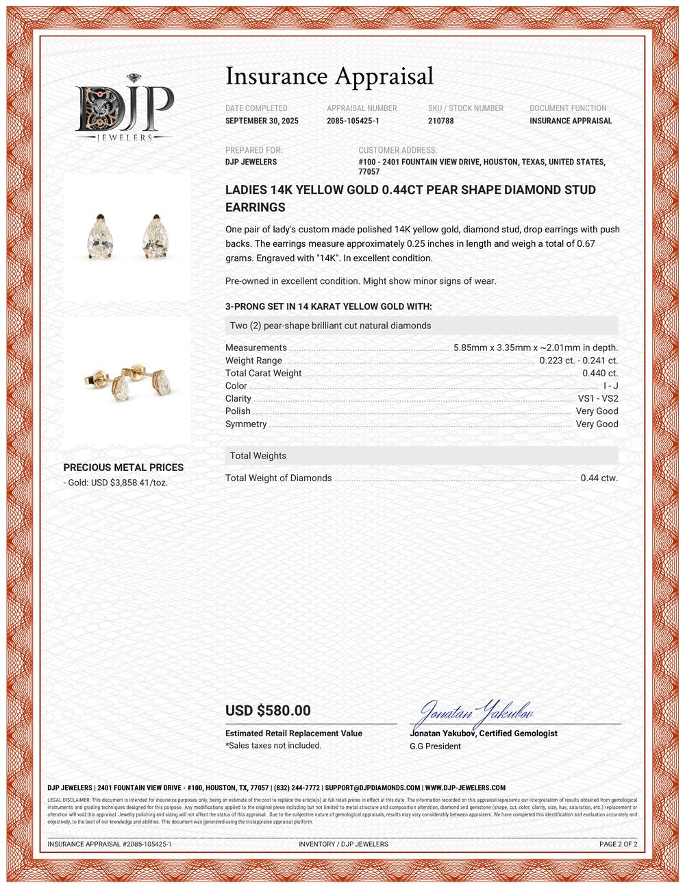 Ladies 14K Yellow Gold 0.44ct Pear Shape Diamond Stud Earrings in vendita 2