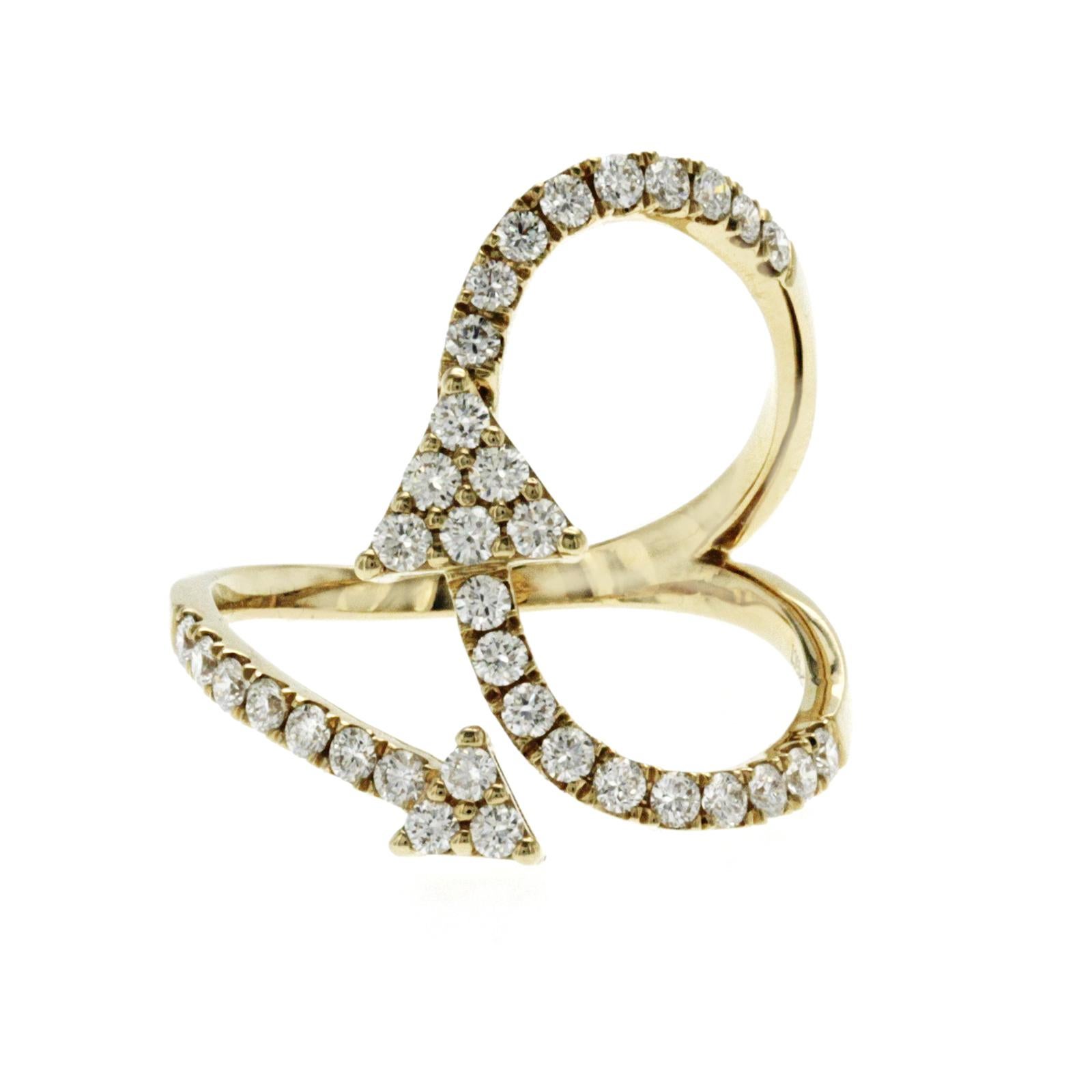 Taille ronde Bague flèche en or jaune 14 carats avec diamants 0,74 carat, pour femmes en vente