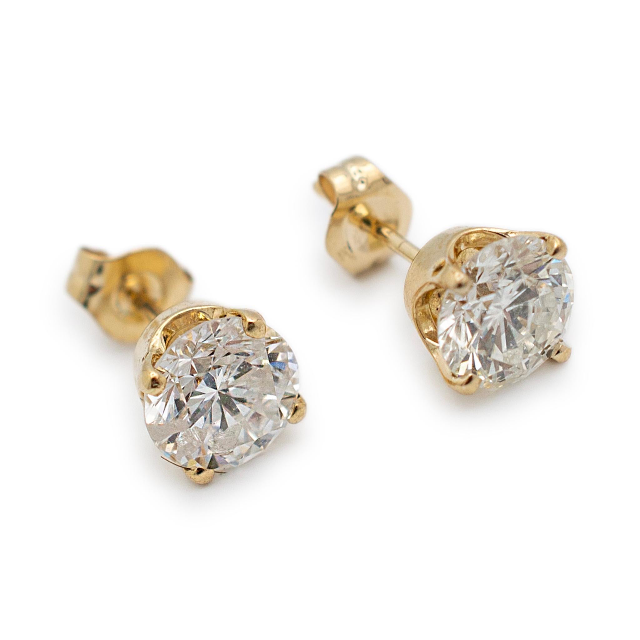 Ladies 14K Yellow Gold 1.80CT Diamond Push Back Stud Earrings In Excellent Condition For Sale In Houston, TX