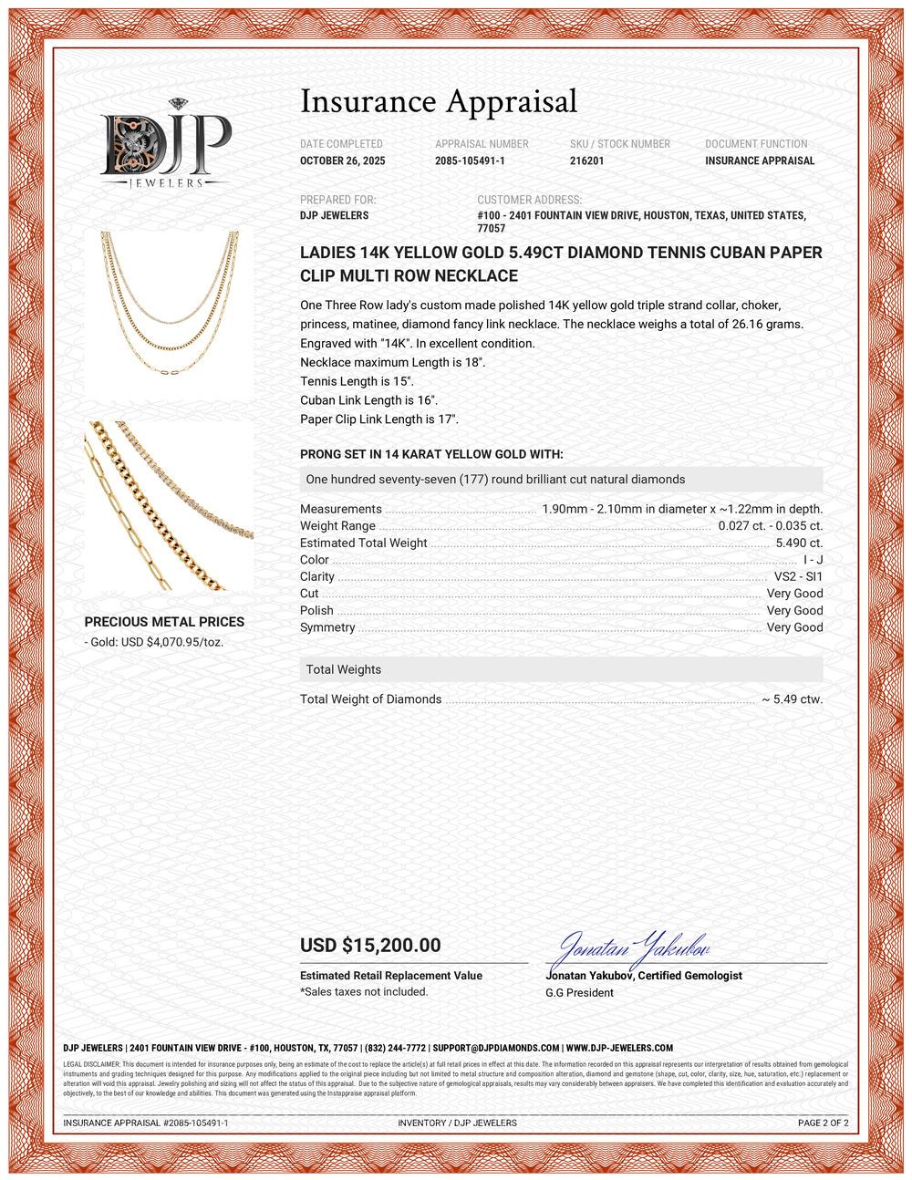 Collana da donna in oro giallo 14K con 5,49 carati di diamanti Tennis Cuban Paper Clip a più file in vendita 5