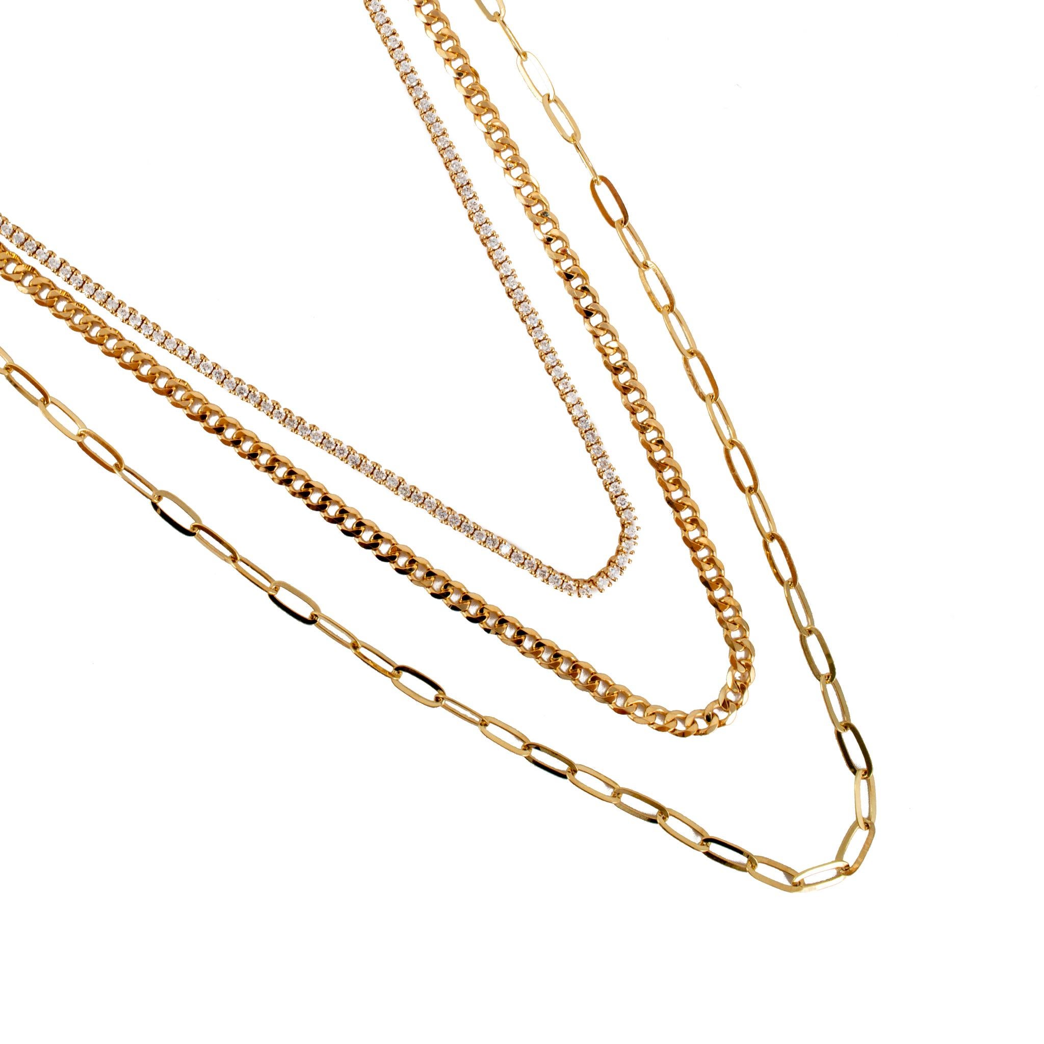 Genere: Donna 

Tipo di metallo: Oro giallo 14 carati

Peso: 26,16 grammi 

Una collana a tre fili da donna in oro giallo 14K con collare, girocollo, principessa, matinée e diamanti.

Inciso con 