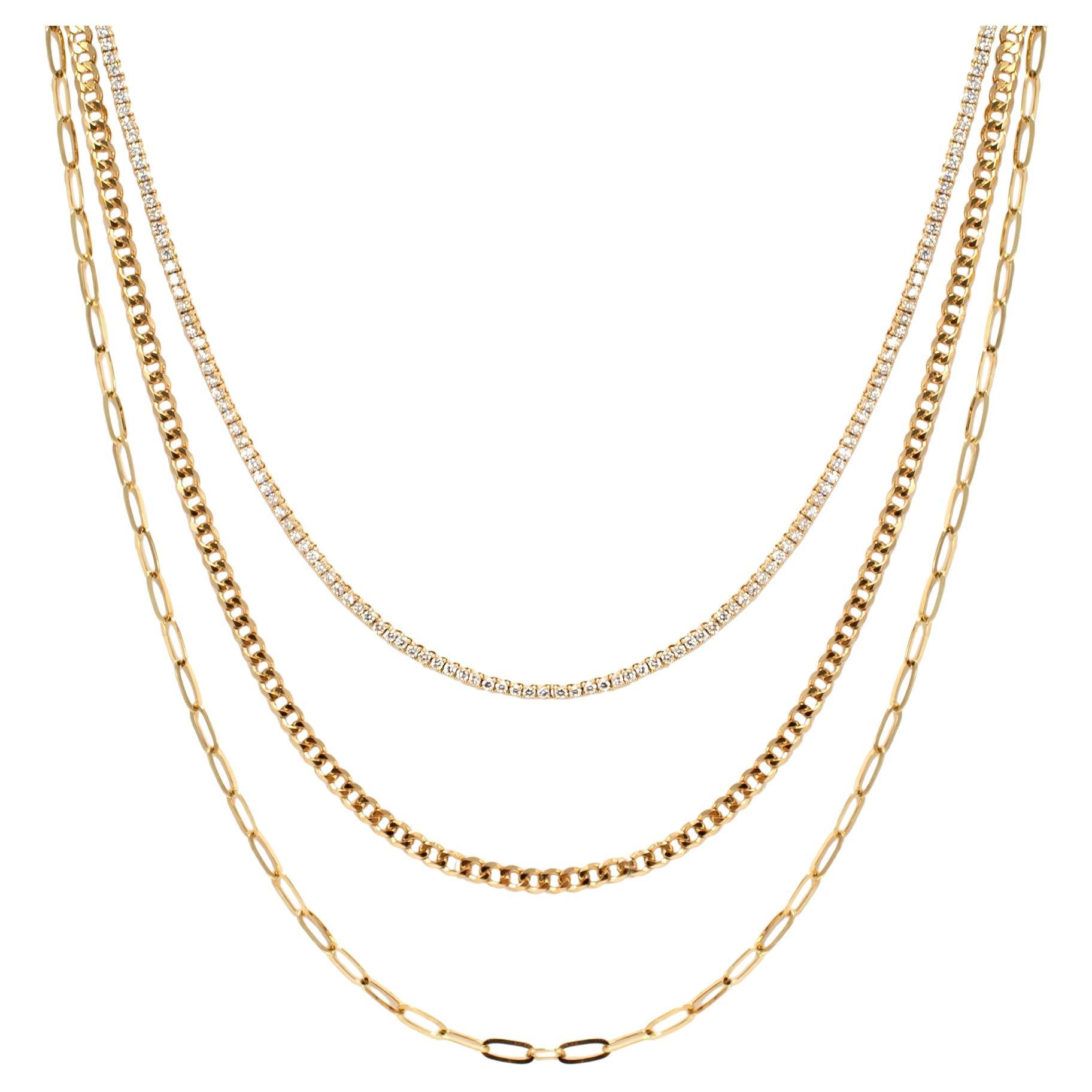 Collana da donna in oro giallo 14K con 5,49 carati di diamanti Tennis Cuban Paper Clip a più file in vendita