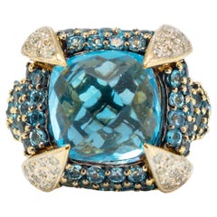 Ladies 14K Yellow Gold Blue Topaz Halo Claw Pave Diamond Cocktail Statement Ring